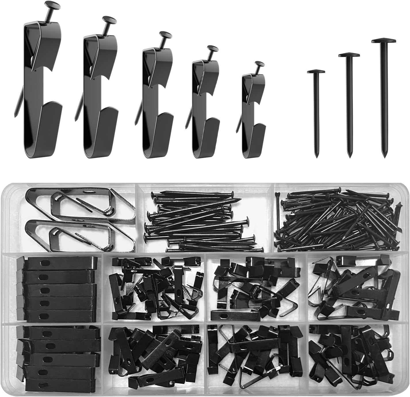 220 Pcs Picture Hangers, 5 Sizes Picture Hanging Kit,10lb, 20lb, 30lb, 50lb,100lb Picture Hanging Hooks, Picture Frame Hangers, Picture Hooks, Frame Hanger Kit for Picture, Canvas, Mirror (Black)