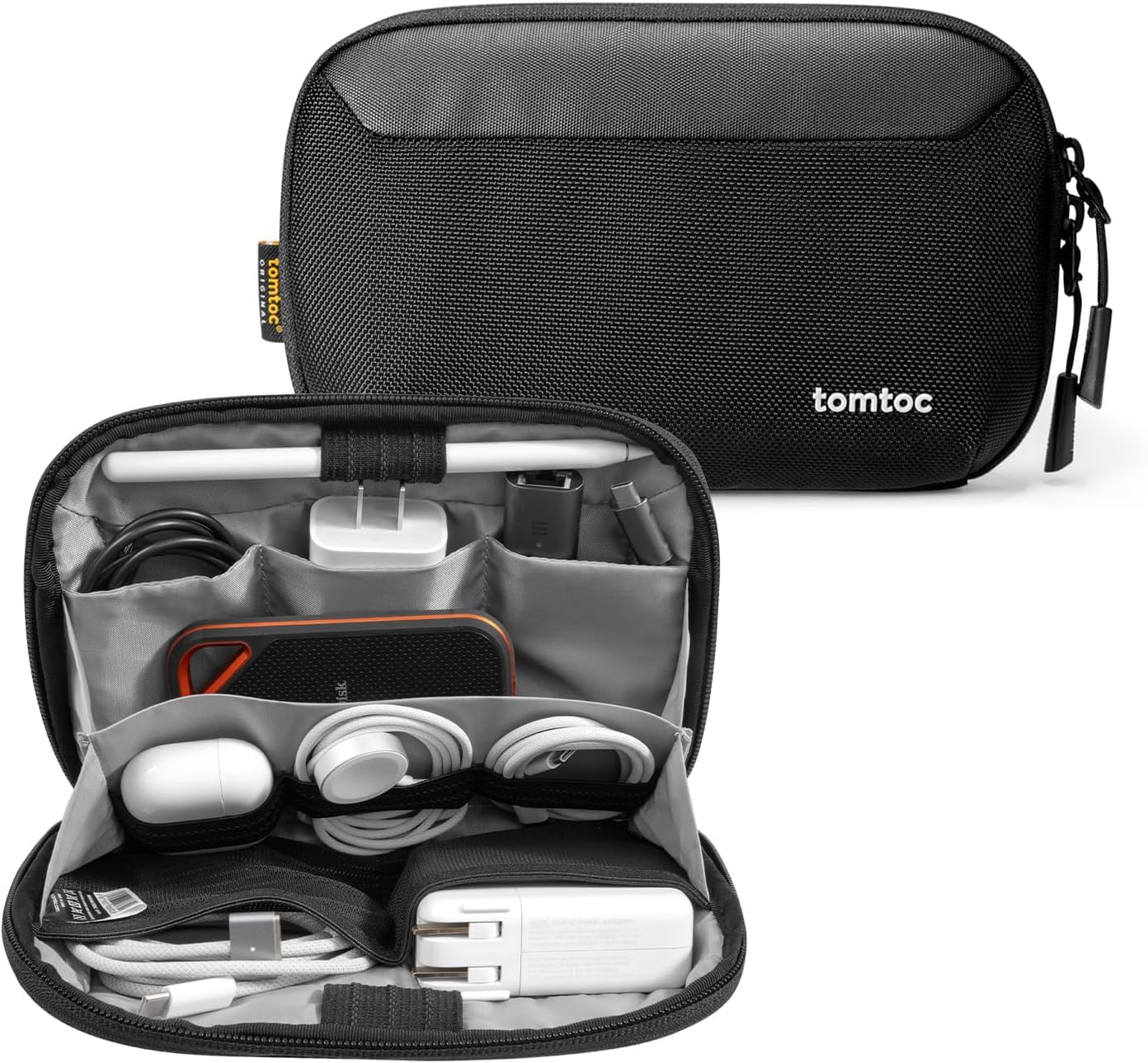 tomtoc Travel Cable Organizer Pouch, Electronics Accessories Organizer Portable Waterproof Double Accessories Carry Case for Cord, Charger, Cables, USB Drive, Black