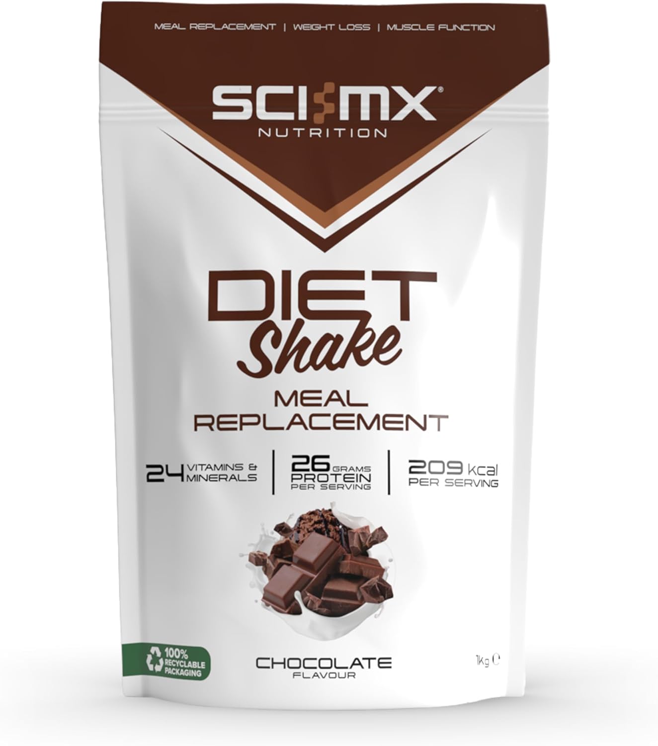 SCI-MX Diet Meal Replacement Shake - Chocolate Flavour - High Protein Shake + 24 Essential Micronutrients - Non-GMO - 1KG (18 servings) 209 calories per serving