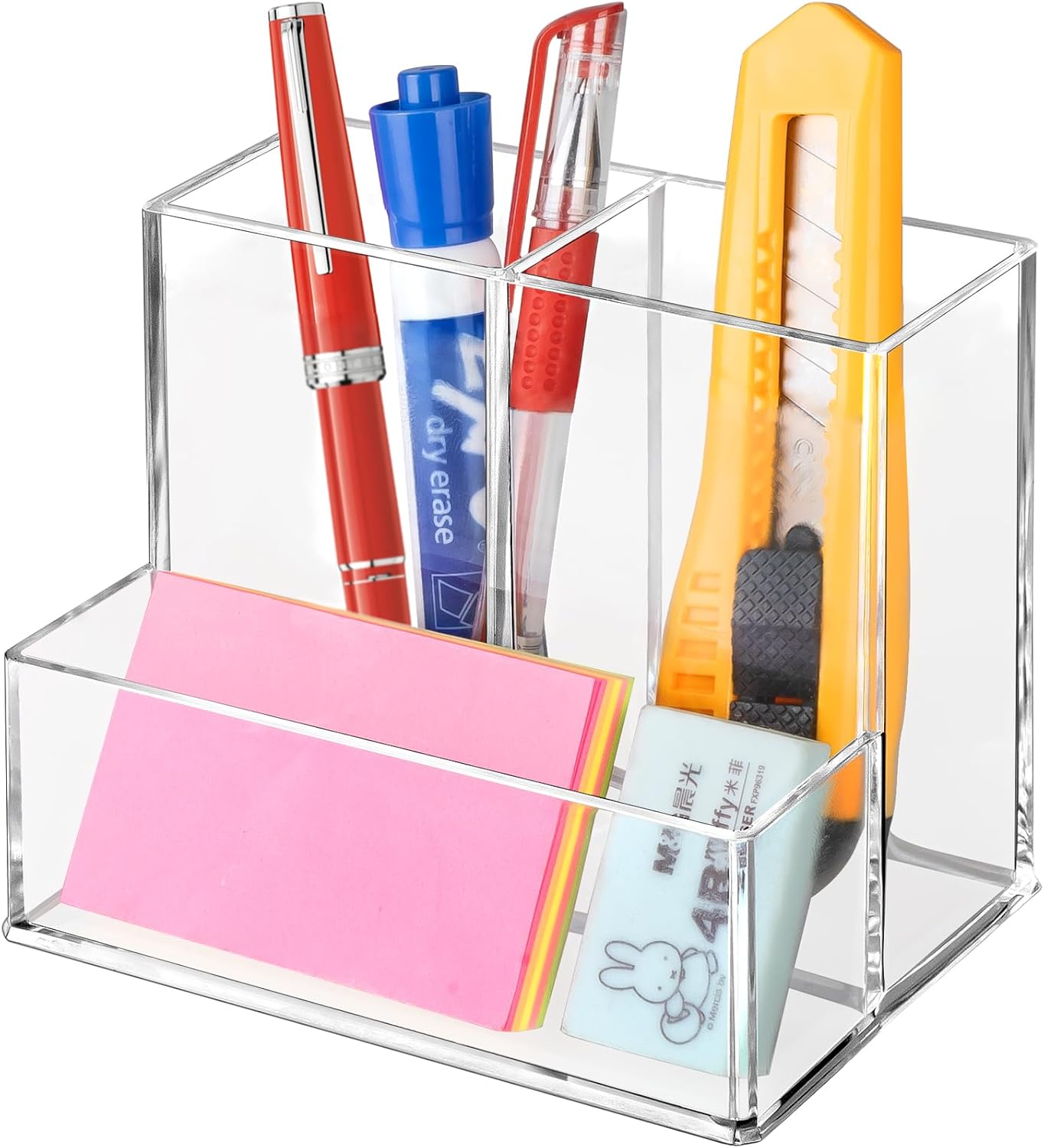 Pen Holder for Desk, Clear Acrylic Pencil Holder for Desk, Marker Holder with 3 Compartments, Pencil Organizer for Home, Office, Classroom, Bathroom