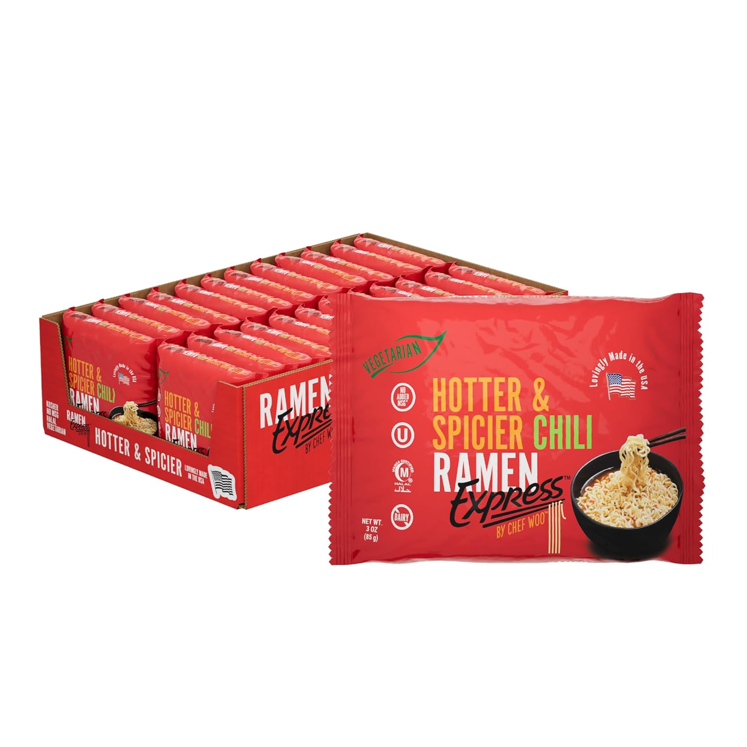 RAMEN EXPRESS Ramen Noodle Packs, 3 Oz Each (Pack Of 24) by Chef Woo | Vegetarian Ramen Noodles | No Added MSG | Halal | Egg-Free and Dairy-Free (Hotter and Spicier Flat (24 pack))
