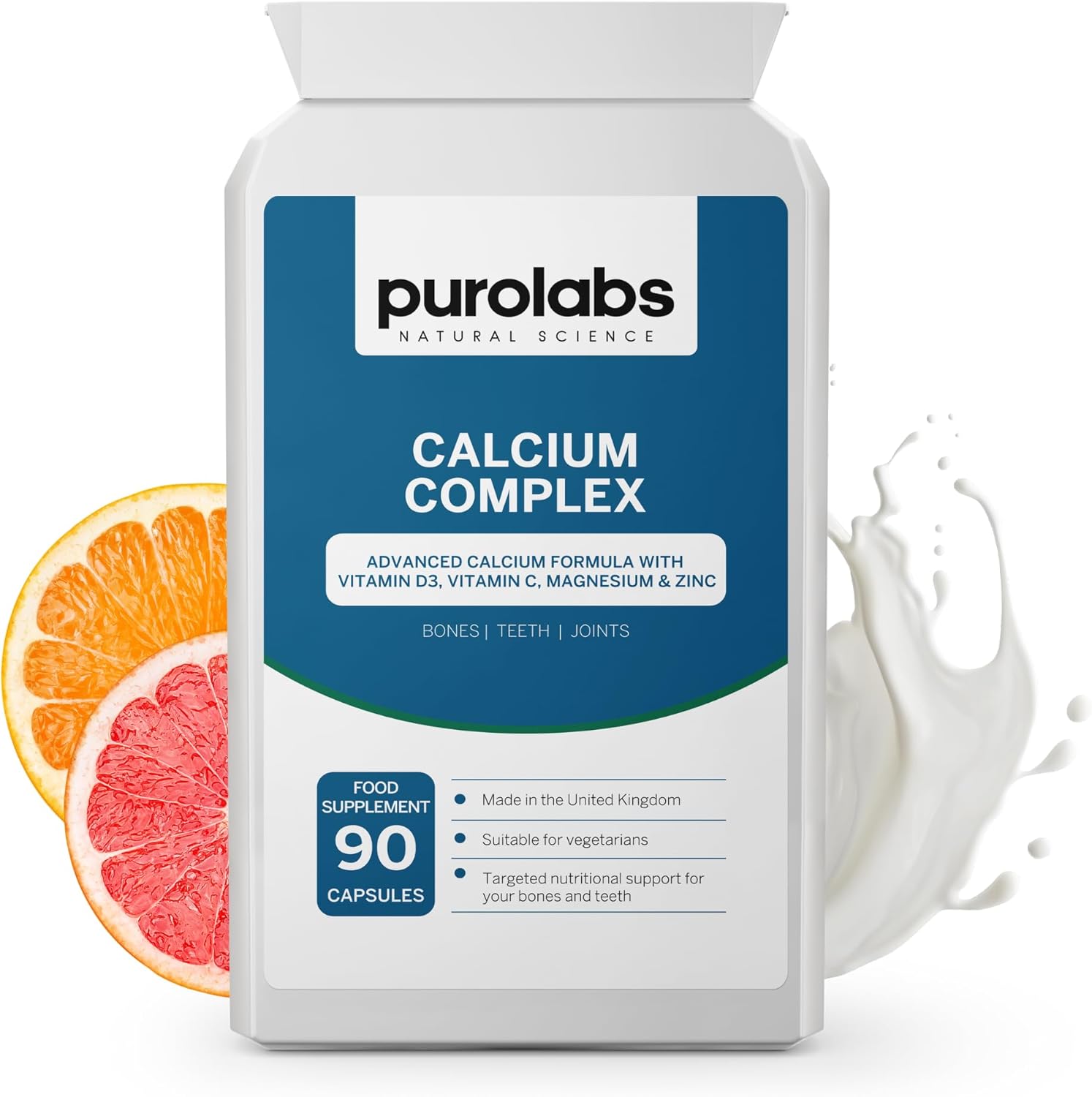Purolabs Calcium Complex - High Strength Bone Support with Vitamin D3, Magnesium, Zinc & Vitamin C - Optimal Absorption Formula for Women & Men - 90 Capsules