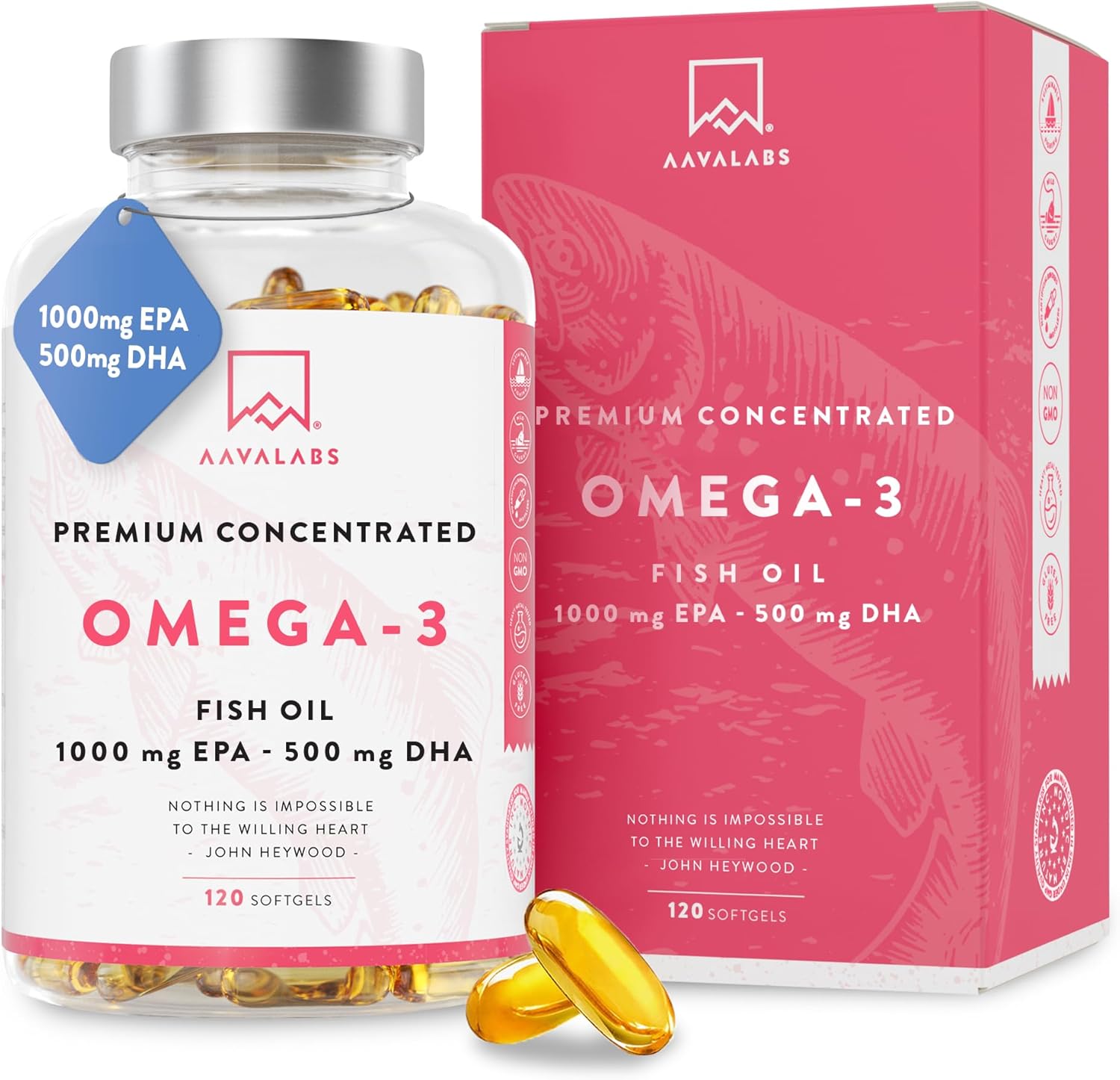 AAVALABS Omega 3 Fish Oil 2000mg per Daily dose (2 softgels) - 1000mg EPA + 500 mg DHA per dose - High Strength Omega 3 Fatty Acids Supplements - Molecularly Distilled - 120 Capsules - 60 Days Supply