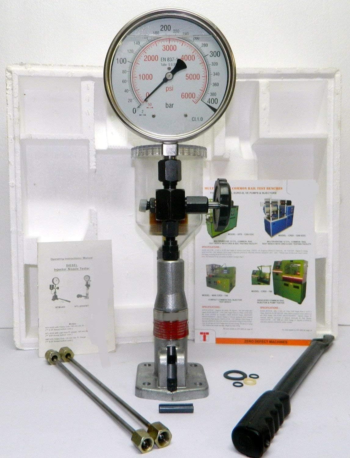 Diesel Injector Nozzle Pop Tester with 0-400 BAR / 0-6000 PSI Dual Scale Gauge Catstail