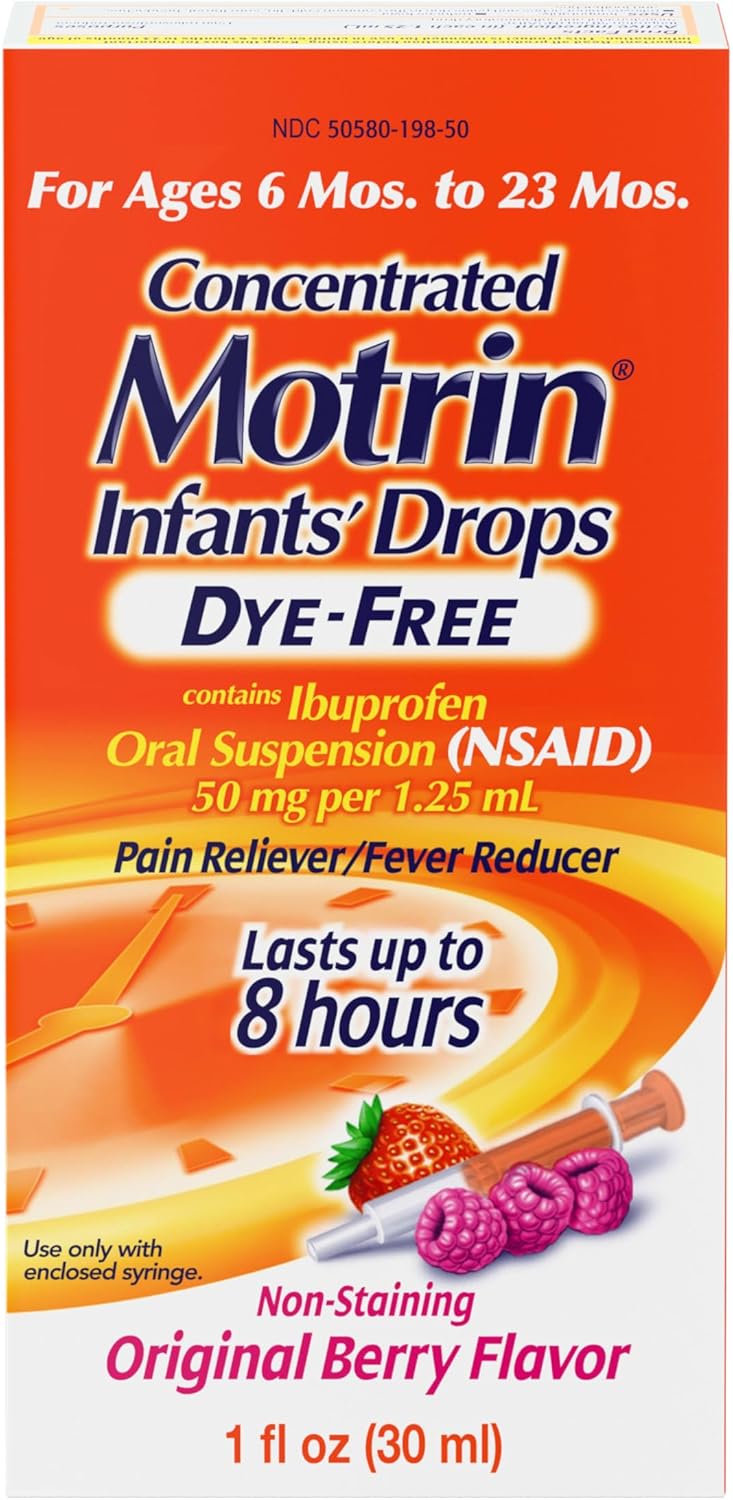 Motrin Infants' Oral Suspension Concentrated Liquid Medicine Drops with Ibuprofen, NSAID Infant Fever Reducer and Pain Reliever for Babies, Dye-Free, Alcohol-Free, Berry Flavor, 1 FL OZ
