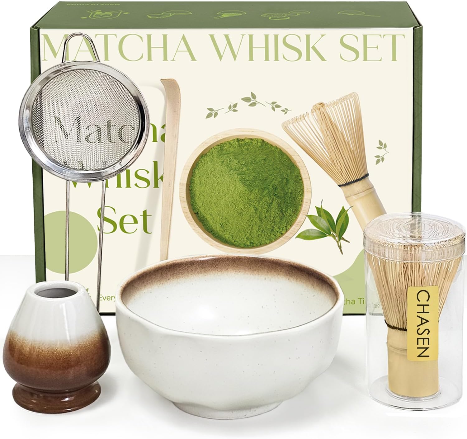 Cowcowcow Matcha Whisk Set, Complete Matcha Set with Matcha Whisk, Matcha Bowl, Sifter, Spoon, and Whisk Holder for Ceremonial Grade Matcha, Tea Gifts for Tea Lovers for Christmas, Birthday, Halloween