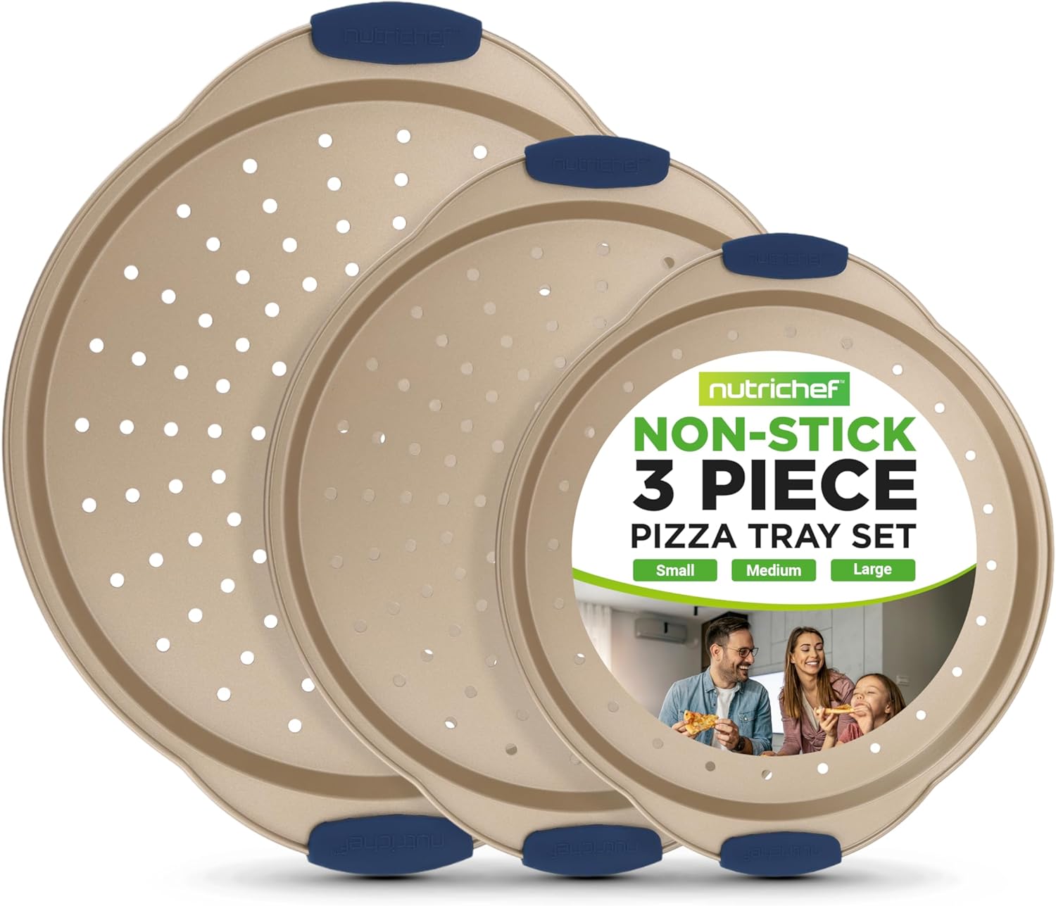 NutriChef 3-Piece Pizza Tray Set with Silicone Handles - Round Nonstick Pizza Pan with Perforated Holes, Durable Carbon Steel, Small, Medium, Large Sizes - Ideal for Crispy, Evenly Baked Pizzas (Gold)