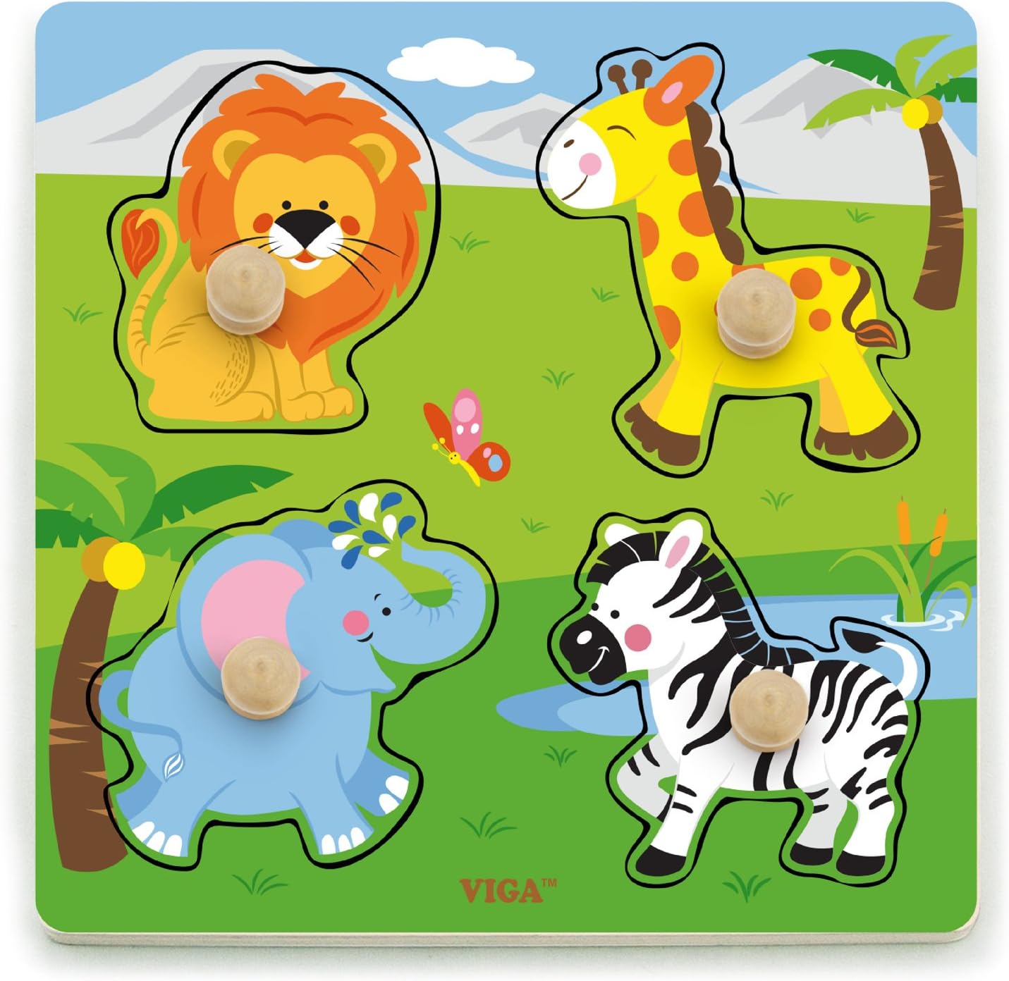 Viga Toys - 50840 - Big Wooden Knob Puzzle - Wild Animals
