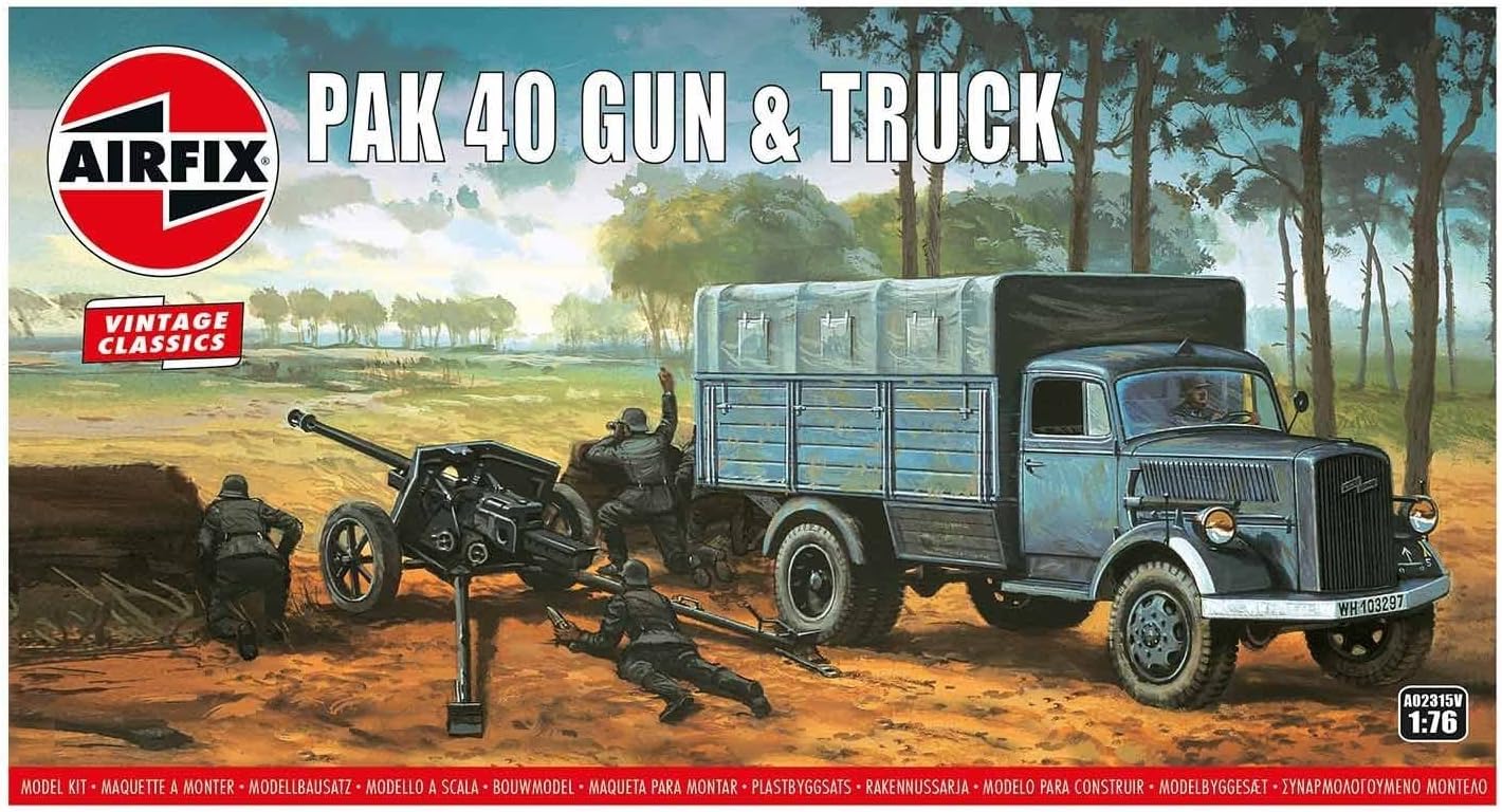Airfix Vintage Classics Set - A02315V Pak 40 Gun & Track - Plastic Model Motor Vehicle Kits for Adults & Children 8+, Set Includes 65 Pieces, Sprues & Decals - 1:76 Scale Model Vehicle Set
