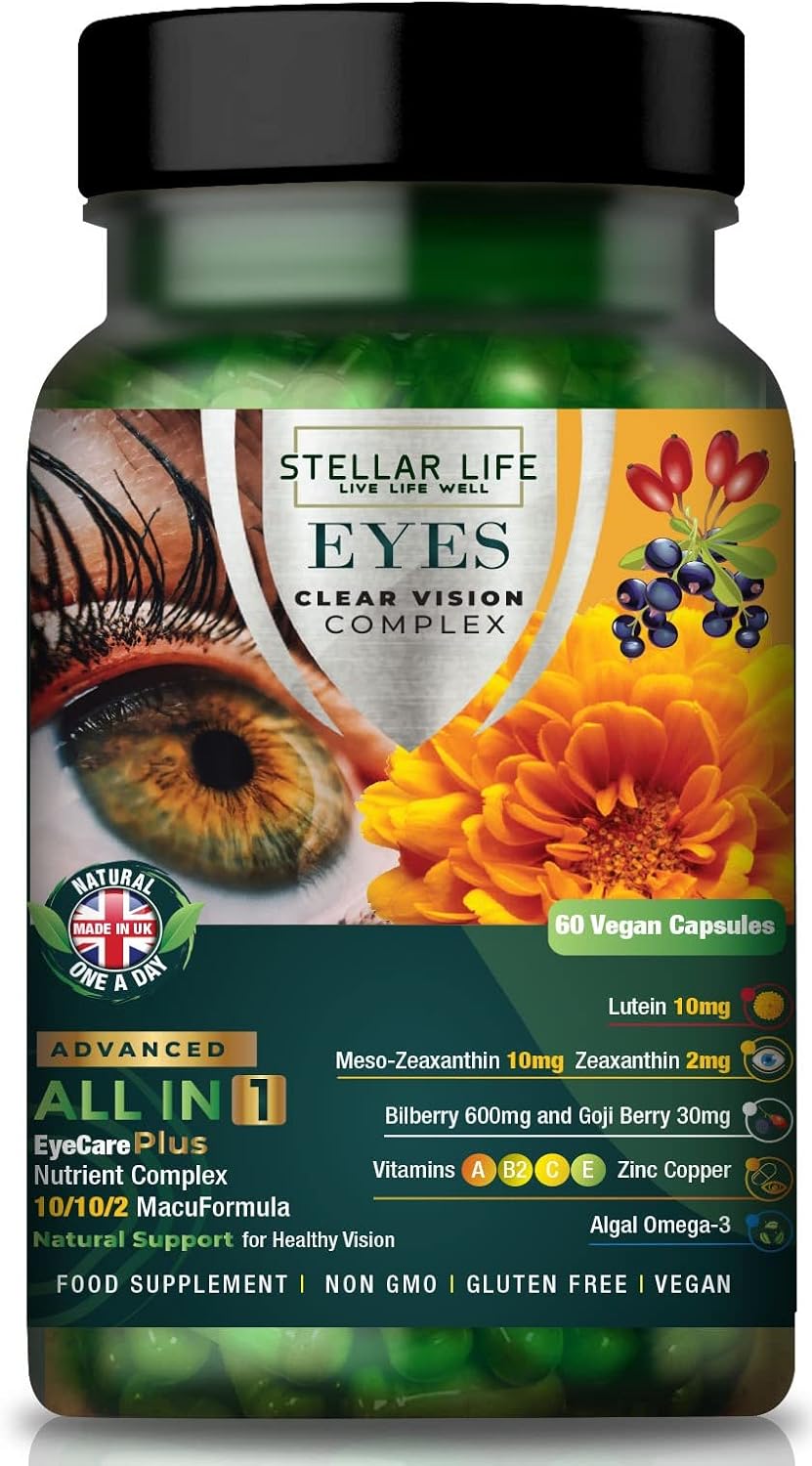 Eyes Clear Vision Complex 12 - Lutein 10mg Meso-Zeaxanthin 10mg Zeaxanthin 2mg Blueberry 600mg Goji Berry Zinc Copper Omega 3 Vitamins A B2 C E Eye Care Health – UK Vegan Eye Supplement 60 Day Supply