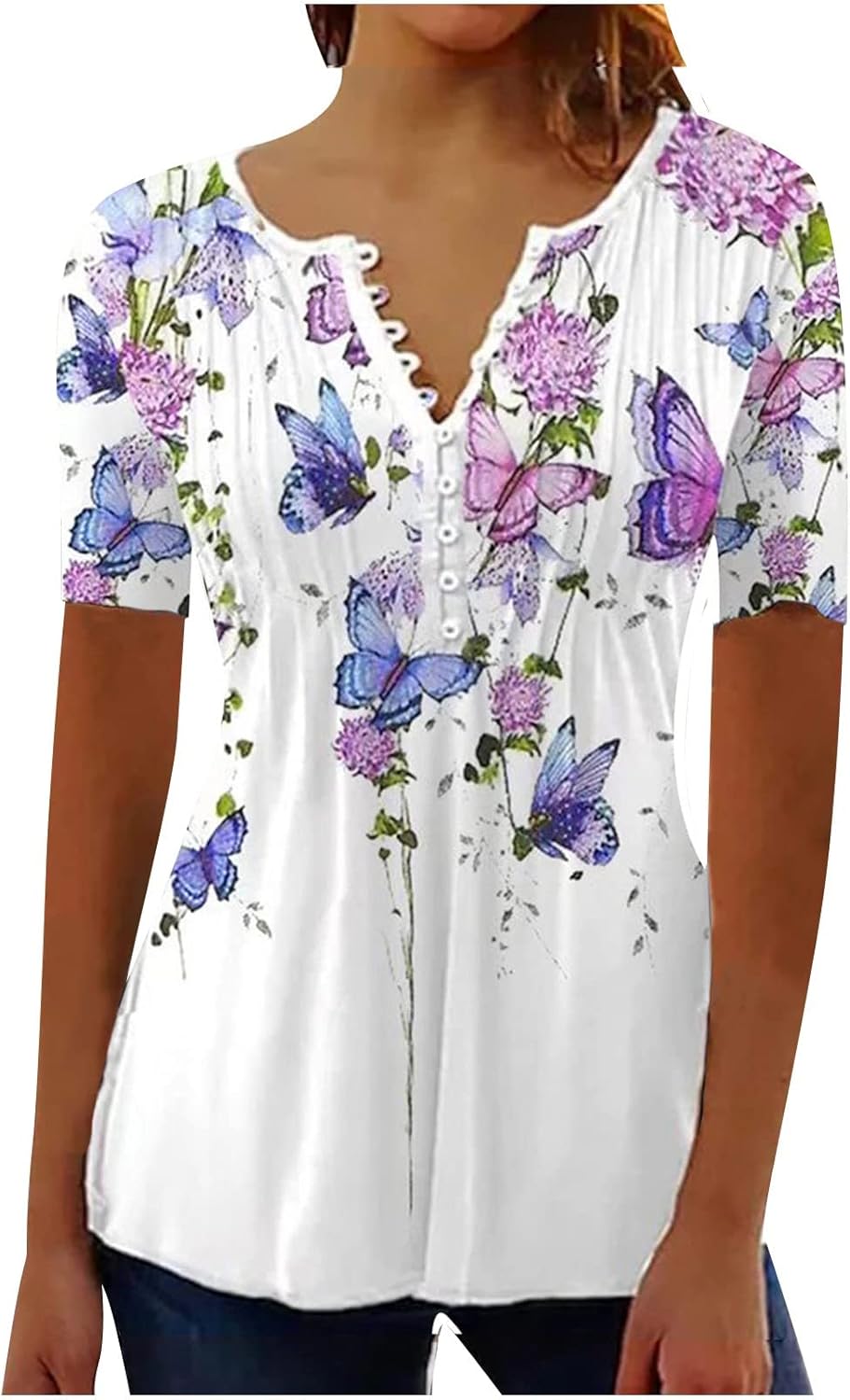 2023 Summer Short Sleeve Tops for Women UK Trendy Casual Floral Graphic Shirts Tunic Blouses Plus Size Crew Neck Boho Henley Tees