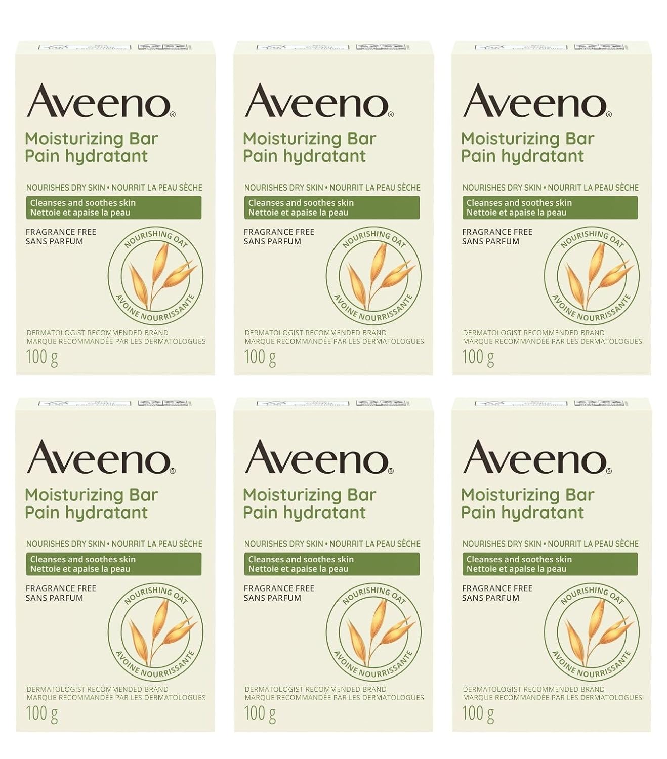 Aveeno Gentle Moisturizing Bar Facial Cleanser with Nourishing Oat for Dry Skin, Fragrance-free, Dye-Free, & Soap-Free, 3.5 oz (Pack of 6)