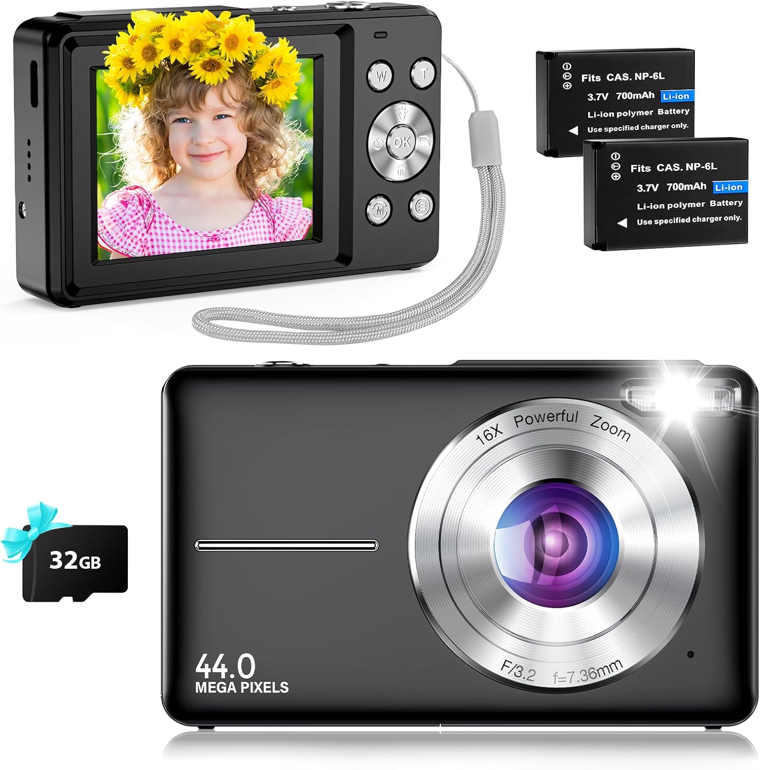 Digital Camera Compact Digital Camera 44MP 1080P HD Video, 32GB TF Card, 2.4" IPS Screen, Dual Batteries, 20 Filters, Anti-Shake & Smile Detection for Kids, Teens, Beginners Black