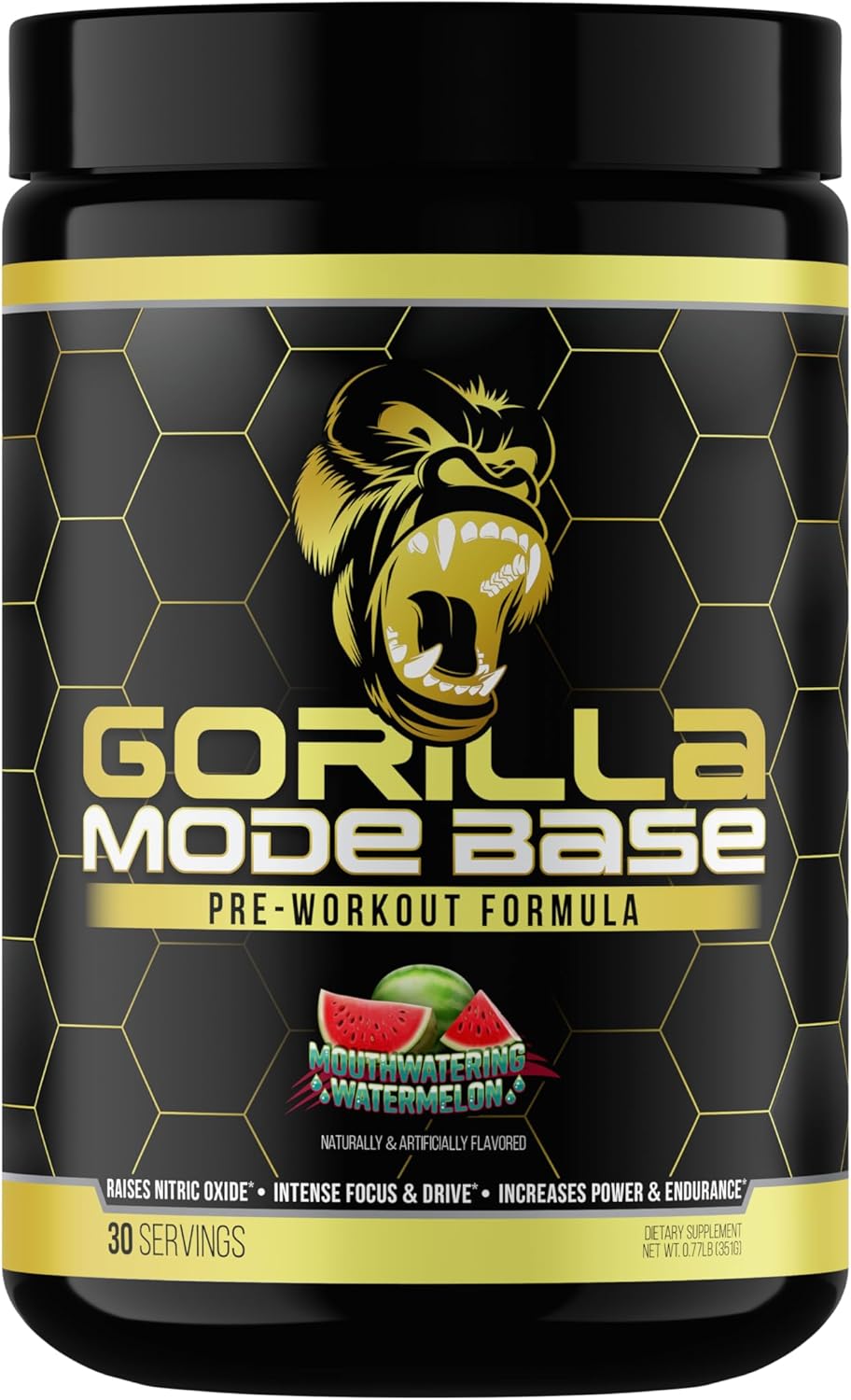 Gorilla Mind Base Pre Workout - Raises Nitric Oxide Intense Focus & Drive Endurance Power - L-Citrulline, L-Tyrosine, Betaine, Alpha-GPC, Caffeine, Huperzine A - 360 Grams (Watermelon)