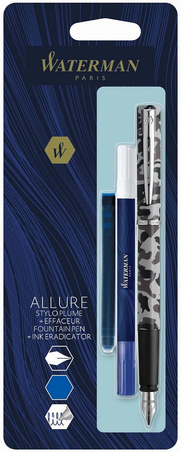 WATERMAN Graduate Allure Fountain Pen, Camouflage, Chrome trims, Fine Nib + blue cartridge + Eraser rewriter, blister