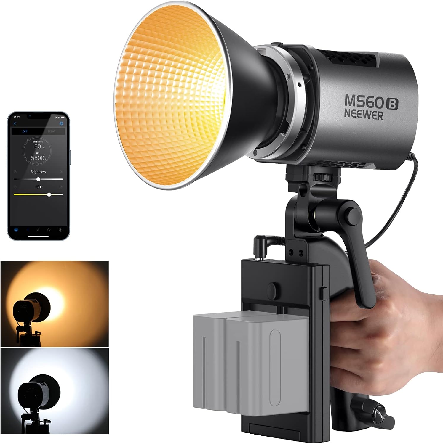 NEEWER MS60B LED Video Light 2.4G/APP Control, 65W Metal Mini Compact COB Continuous Output Lighting Spotlight 2700K-6500K, 40000lux@1m, CRI 97+/TLCI 98+, 12 Effects, PWM Dimming, Bowens Mount, Silver