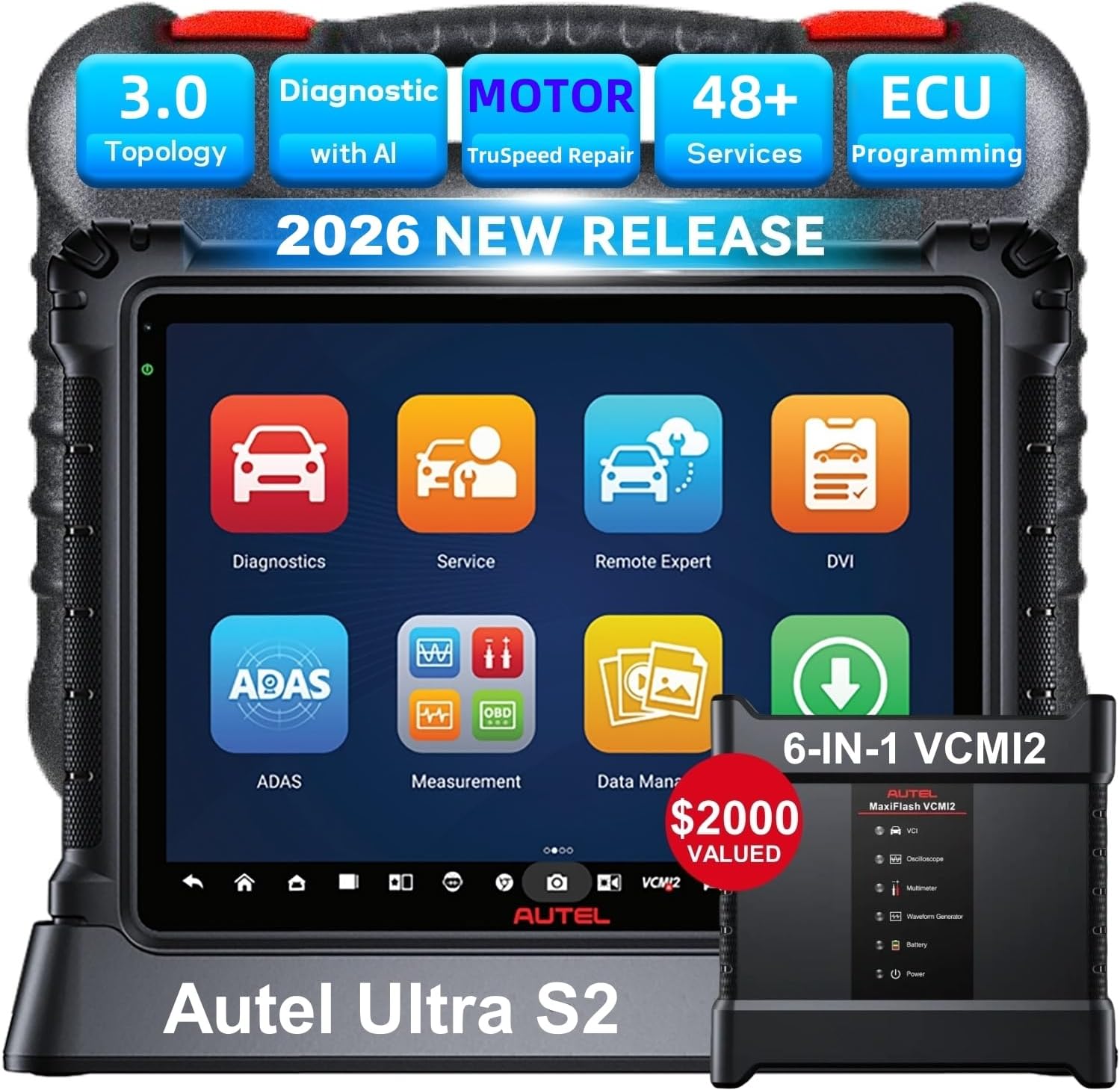 Autel MaxiSys Ultra S2 Scanner, 2026 Top Intelligen Scan Diagnostic with AI, 6-in-1 VCMI2, Up of MSUltra MS919, Topology 3.0, Multi-Point DVI, Motor Truspeed Repair, EV Test, 48+ Service, ECU Program