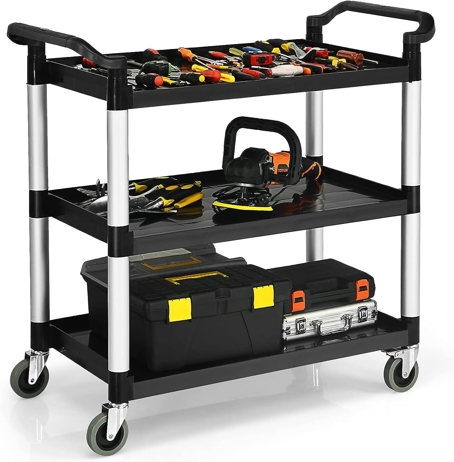 TANGZON 3 Tier Service Cart, Rolling Tool Trolley with Locking Wheels & 2 Handles, Utility Trolley Cart for Workshop Garage, 150KG Load Capacity (103 x 49 x 98cm, Aluminum+PP, Black+Silver)