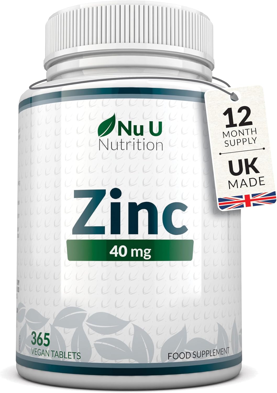 Zinc Tablets 40mg - 365 Vegan Tablets - 1 Year Supply - 1 a Day - Easy to Swallow Zink Gluconate - Supplement for Men & Women - Made in The UK - Nu U Nutrition