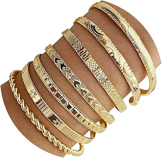 IFKM Gold Bangle Bracelets For Women, 14k Gold Plated Multi Layer Stackable Cuff Bracelet Set, Trendy Elegance Charms Non Tarnish Minimalist Textured Boho Jewelry Gift for Women