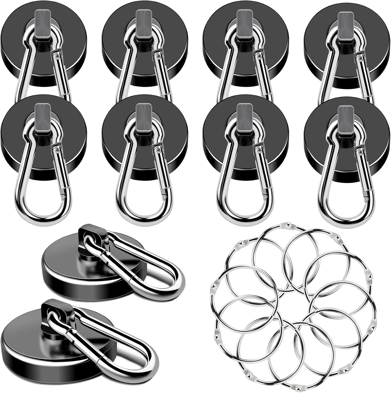 MIKEDE Magnetic Hooks Heavy Duty, 110LBS+ Strong Neodymium Magnets with Swivel Carabiner Hook, Black Magnetic Hangers Magnet Hooks for Locker, Home, Cruise Cabin, Office - 10 Pack