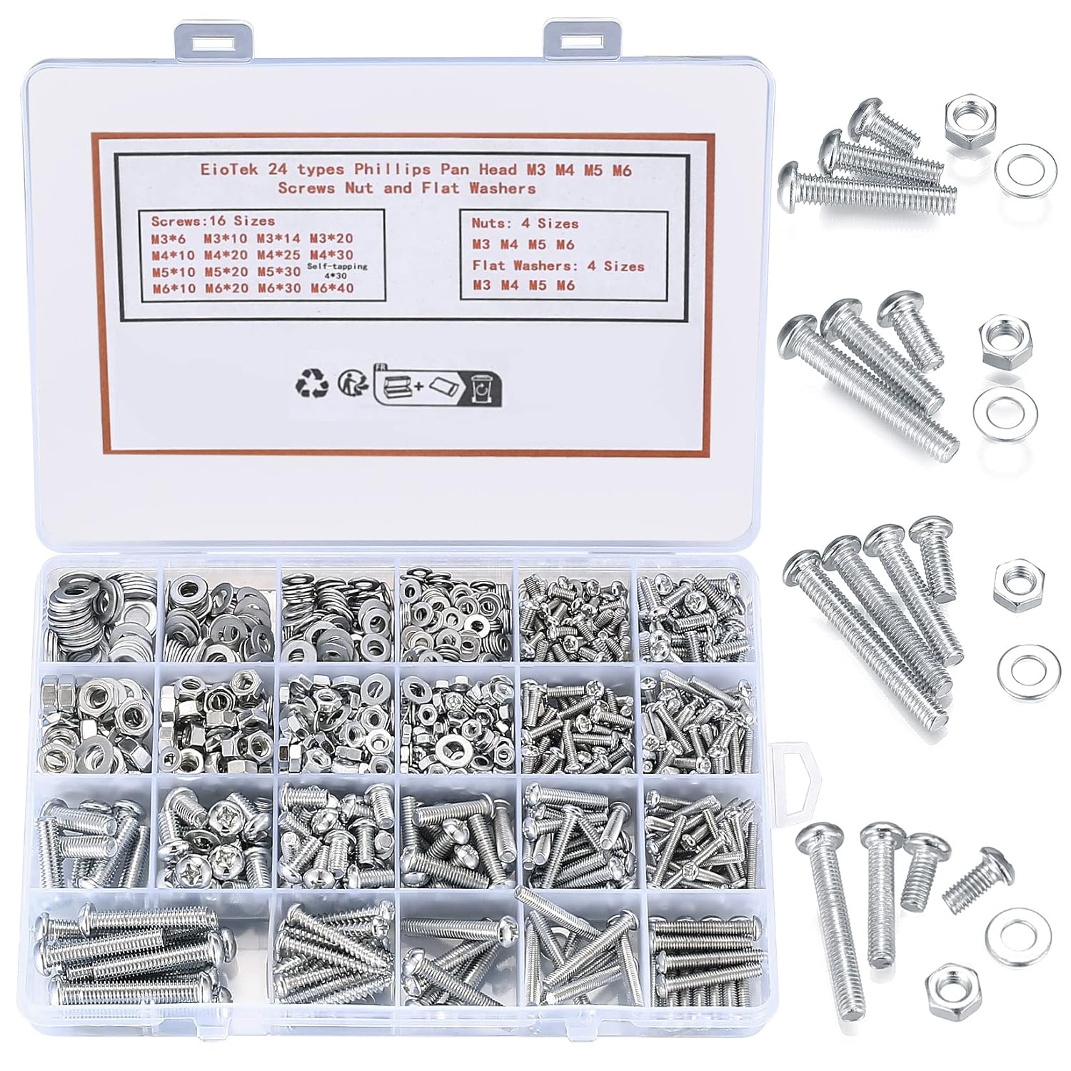 1080 Pcs Phillips Pan Head Screws and Nuts Washers Set, M3/M4/M5/M6 Flat Cross Head Self Tapping Screws Bolts Nuts Lock Flat Washers Assortment Kit for DIY Fastening Accessories