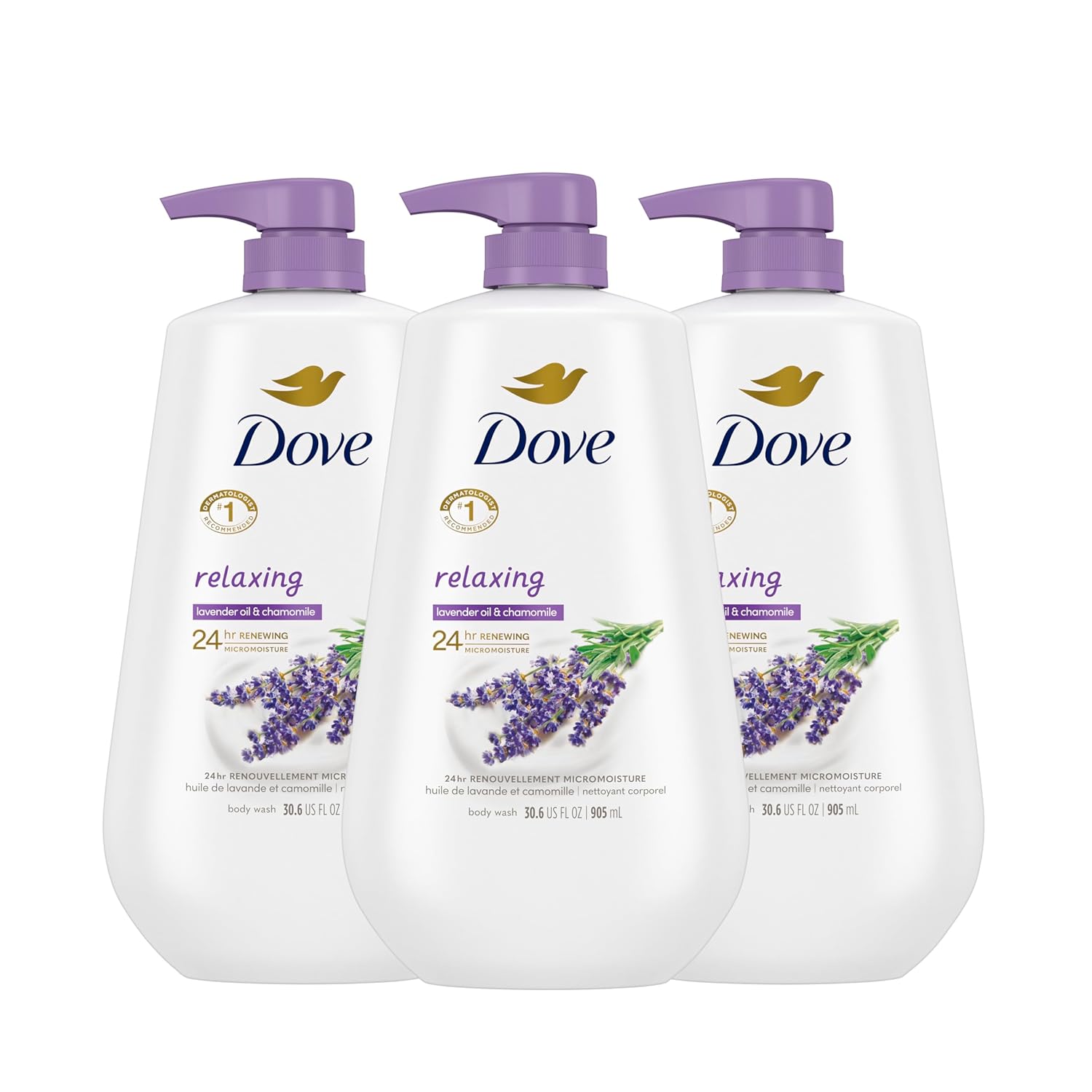 Dove Body Wash with Pump Relaxing Lavender Oil & Chamomile 3 Count for Renewed, Healthy-Looking Skin Gentle Skin Cleanser with 24hr Renewing MicroMoisture 30.6 oz