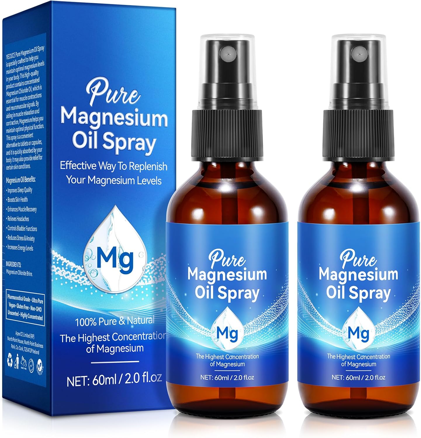 2Pack Pure Magnesium Oil Spray, 100% Natural Topical Magnesium Spray for Feet, Magnesium Spray for Sleep, Safe and Effective, 60ml