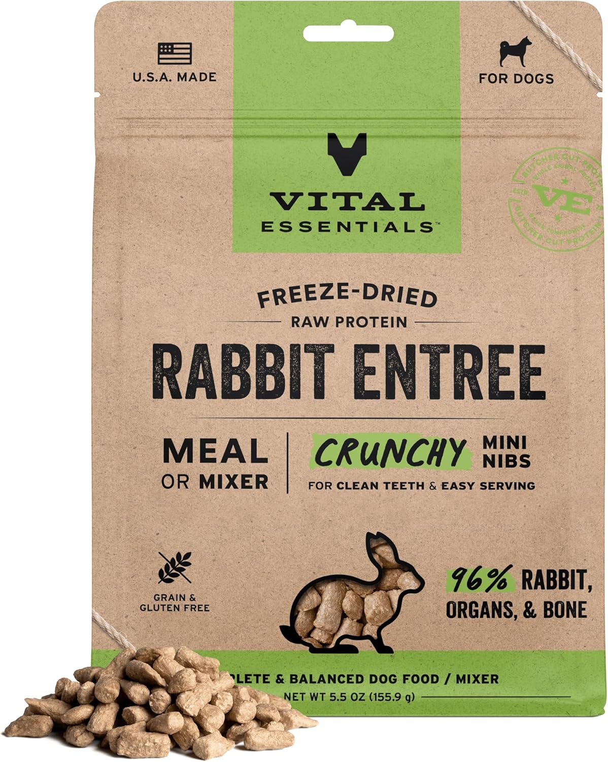 Vital Essentials Freeze Dried Dog Food, Raw Rabbit Nibs Entree 5.5 oz