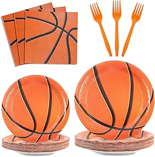 96Pcs Basketball Plates Napkins Basketball Birthday Party Supplies Basketball Paper Disposable Tableware Set Forks Sport Birthday Party Dinnerware Kits Serve 24 Guests