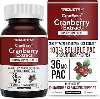 CranEaze®: Cranberry Juice Extract Plus D-Mannose – 36 mg PAC, 100% Soluble PAC - Supports Urinary Tract Health – Most Effective Cranberry Pills for Women, UTI Cranberry Supplement - 60 Capsules