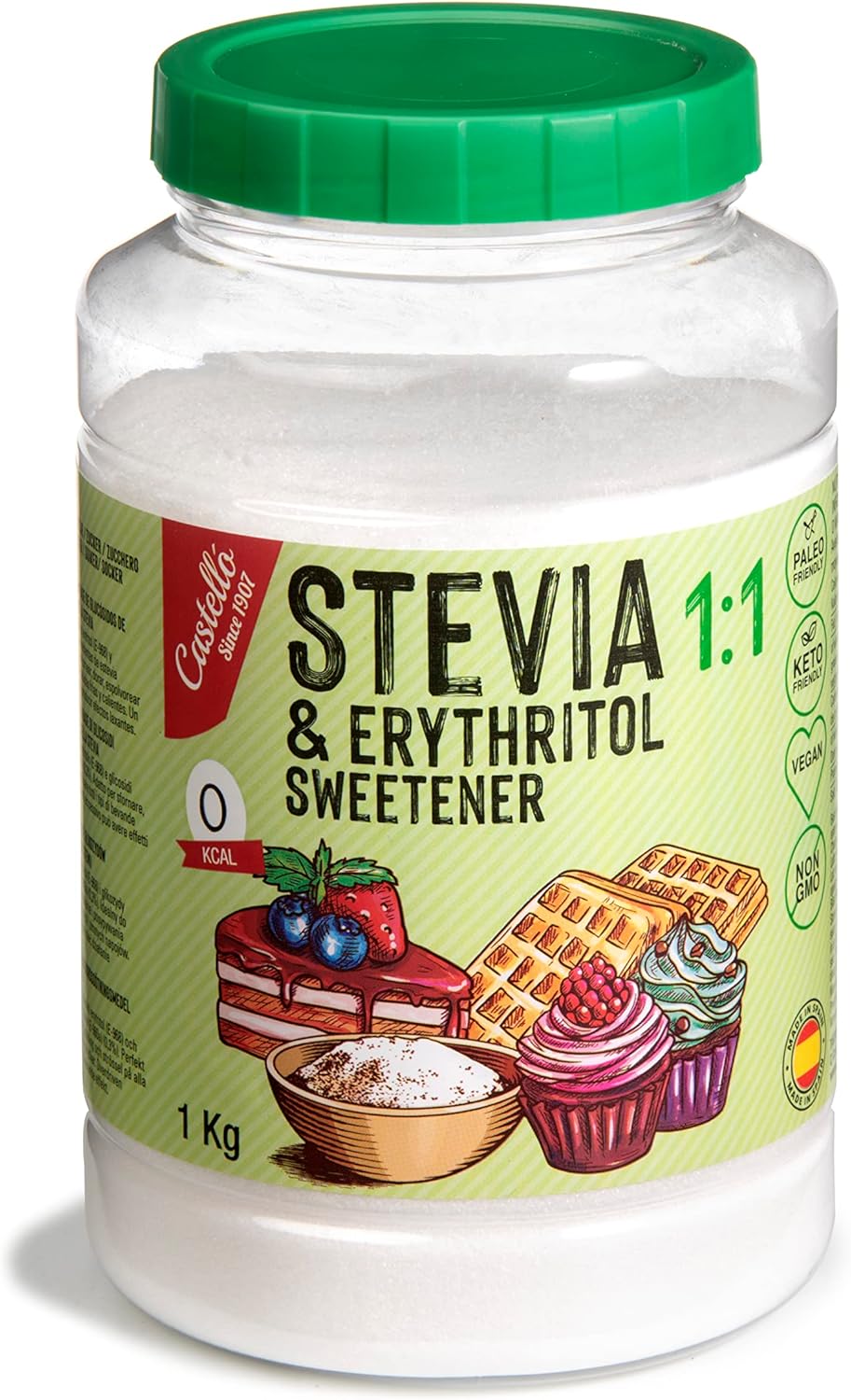 Castello since 1907 Stevia + Erythritol 1:1 Sweetener | 1g = 1g of sugar | 100% Natural Sugar Substitute - 0 Calories - 0 Glycemic Index - Keto and Paleo - 0 Net Carbohydrates - Non-GMO - 1kg