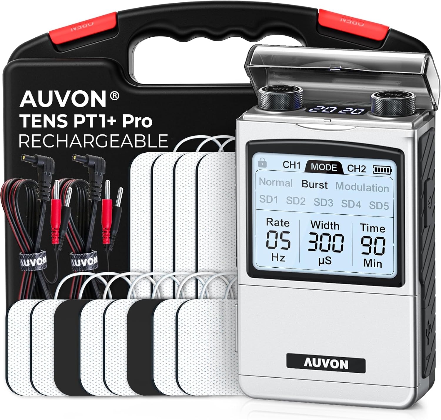 AUVON Rechargeable TENS Unit Muscle Stimulator, FSA HSA Eligible, Digital TENS Machine with 8 Customizable Modes, Electronic Massager for Sciatica, Shoulder & Back Pain Relief, 12 Pads, A Carry Case