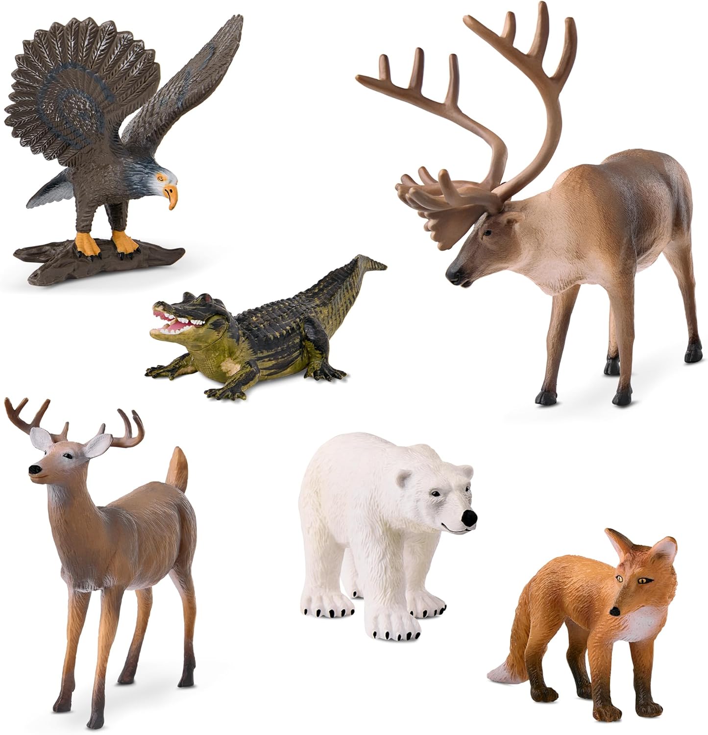 Terra by Battat – 6 Pcs North American Animal Figurines – Realistic Plastic Toy Set with Reindeer, Fox, Polar Bear, Deer, Alligator & Eagle – Educational Gift for Kids 3+ – Imaginative Play