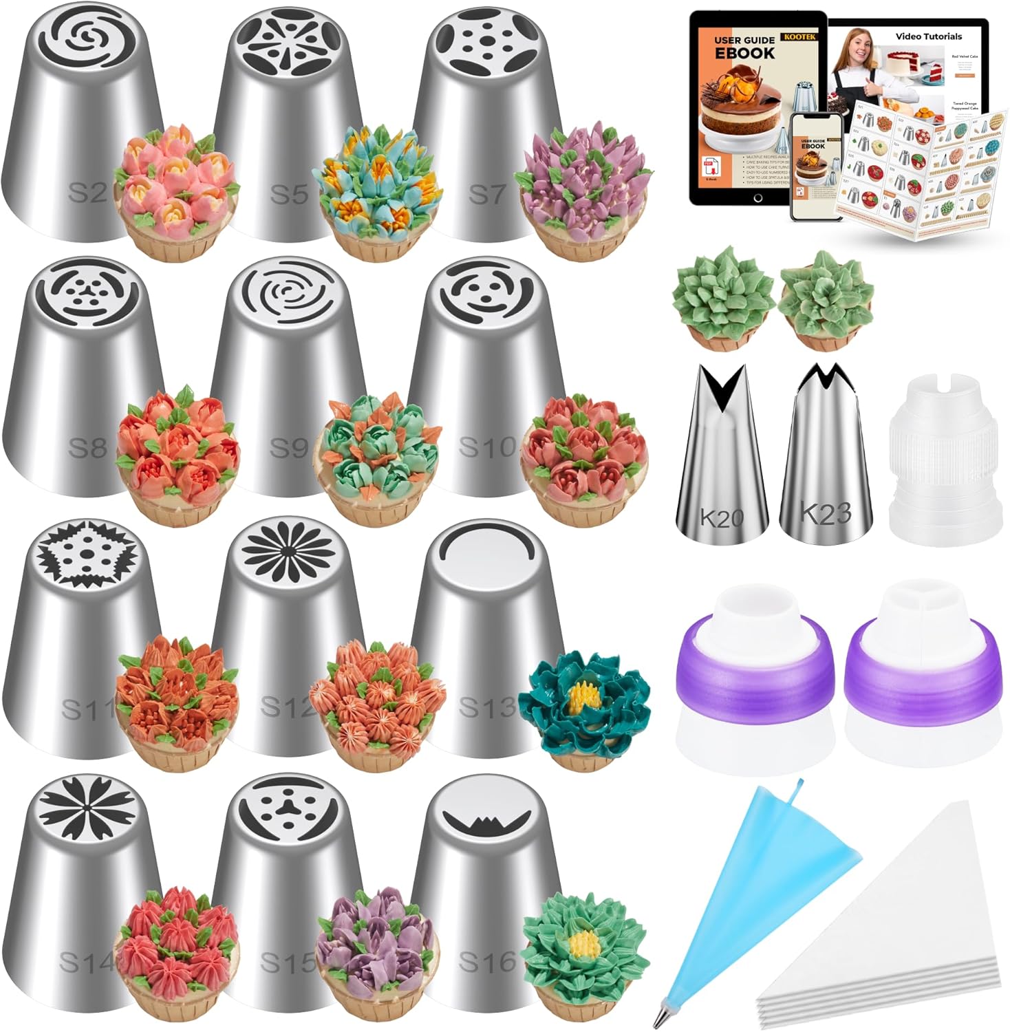 Kootek 48Pcs Russian Piping Tips Set, Piping Bags and Tips Set with 12 Russian Tips, 2 Icing Tips, 30+1 Pastry Bags, 3 Couplers for Cake Decorating, Cupcake, Cookie, Baking