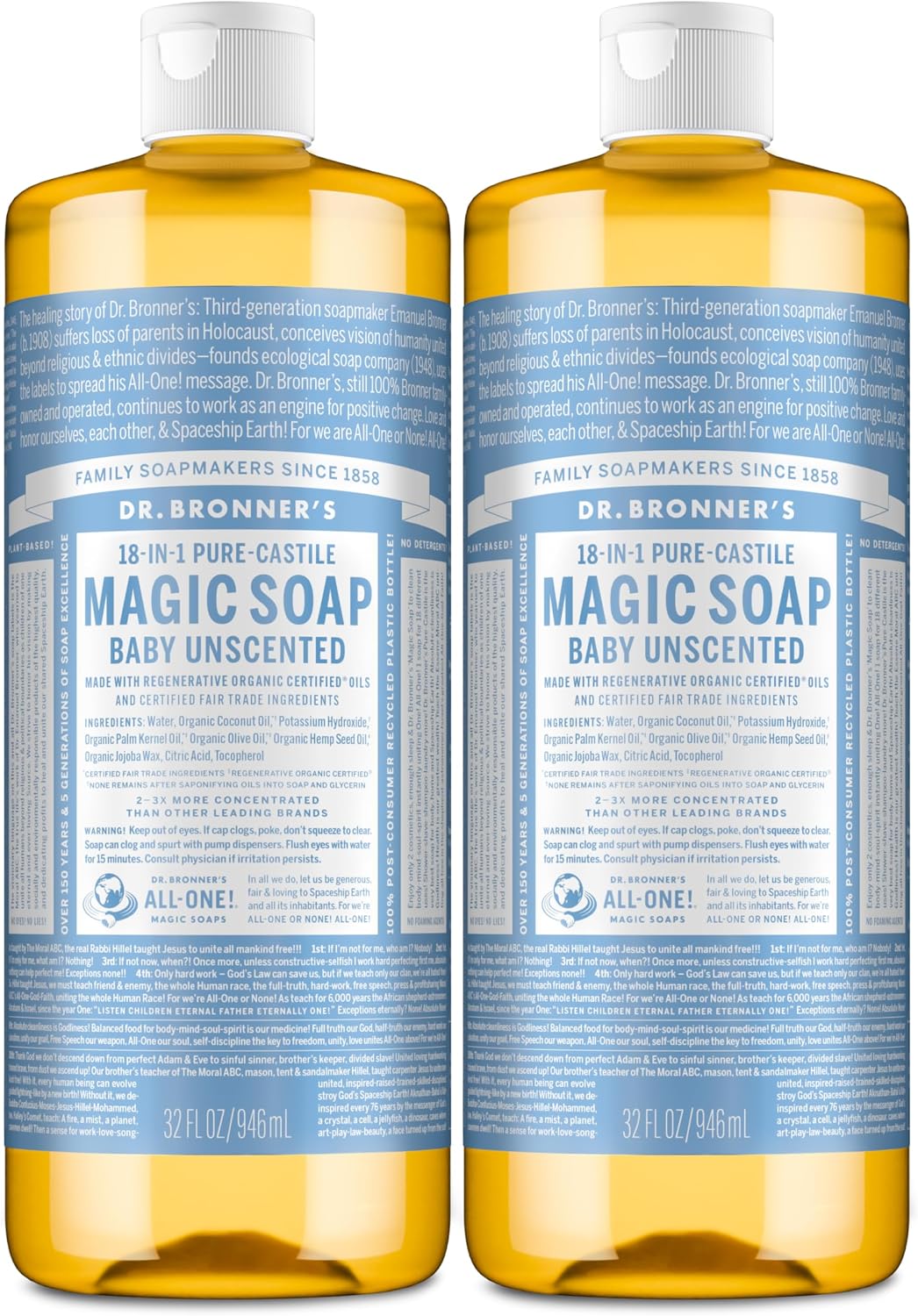 Dr. Bronner's Magic Soaps Pure-Castile Soap, 18-in-1 Hemp Unscented Baby Mild, 32-Ounce Bottles (Pack of 2)