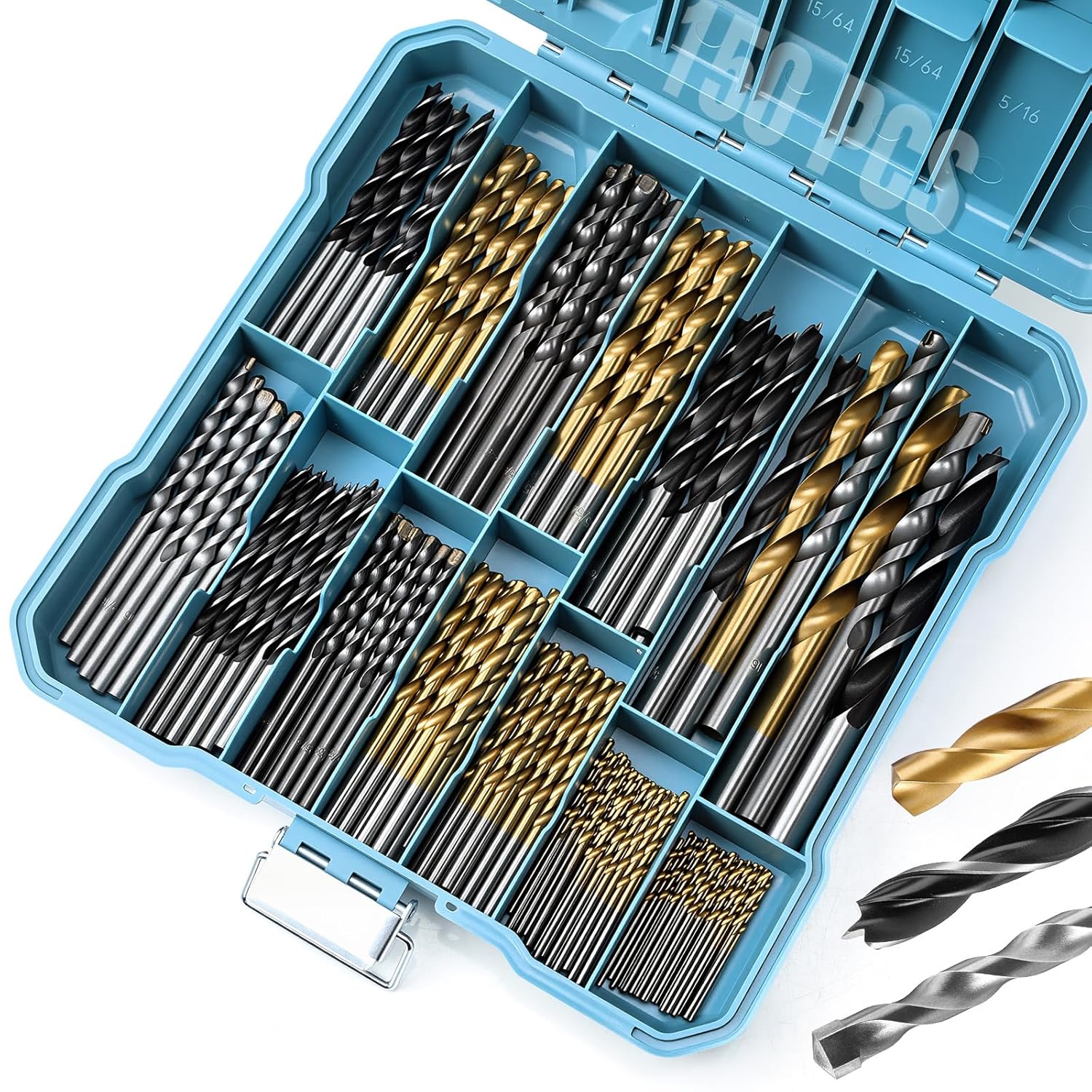 Threlaco 150 Pcs Drill Bits Set, 8 Sizes 1/16''-3/8'' Hss Titanium, Masonry and Brad Micro Drill Bits, Multi SAE Twist Steel Bit Kit for Wood Metal Plastic Masonry with Hard Storage Indexed Box