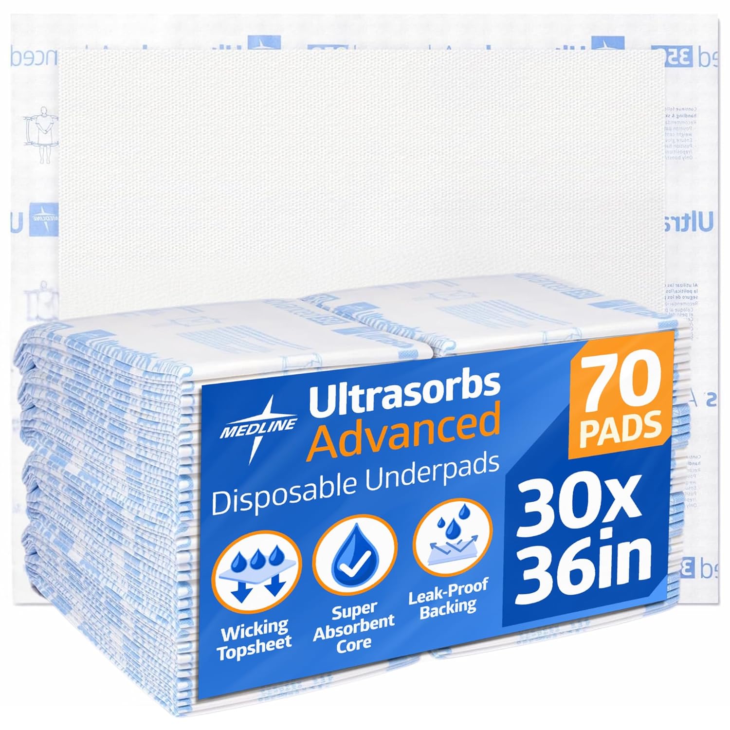 Medline Ultrasorbs Bed Pads Disposable Adult, Advanced Premium Ultra Thick, 30x36, 70 Count, Chucks Pads Disposable Adult, Heavy Duty Chux Pads, for Incontinence, Full Body Coverage, 350 LB Capacity