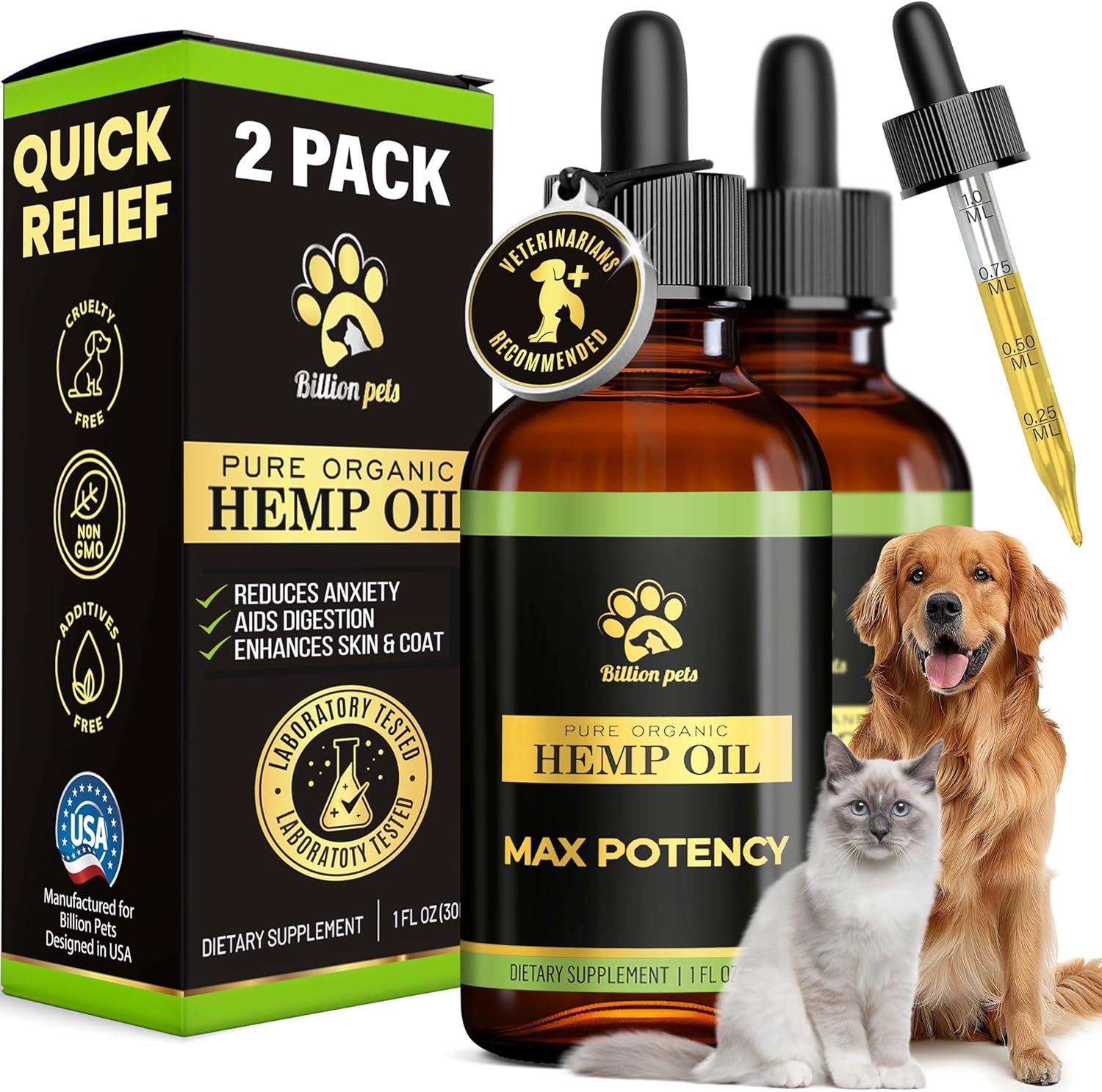 Hemp Oil for Dogs and Cats - Helps with Anxiety, Pain, Stress, Sleep, Arthritis, Seizures Relief - Hip and Joint Support - Calming Drops