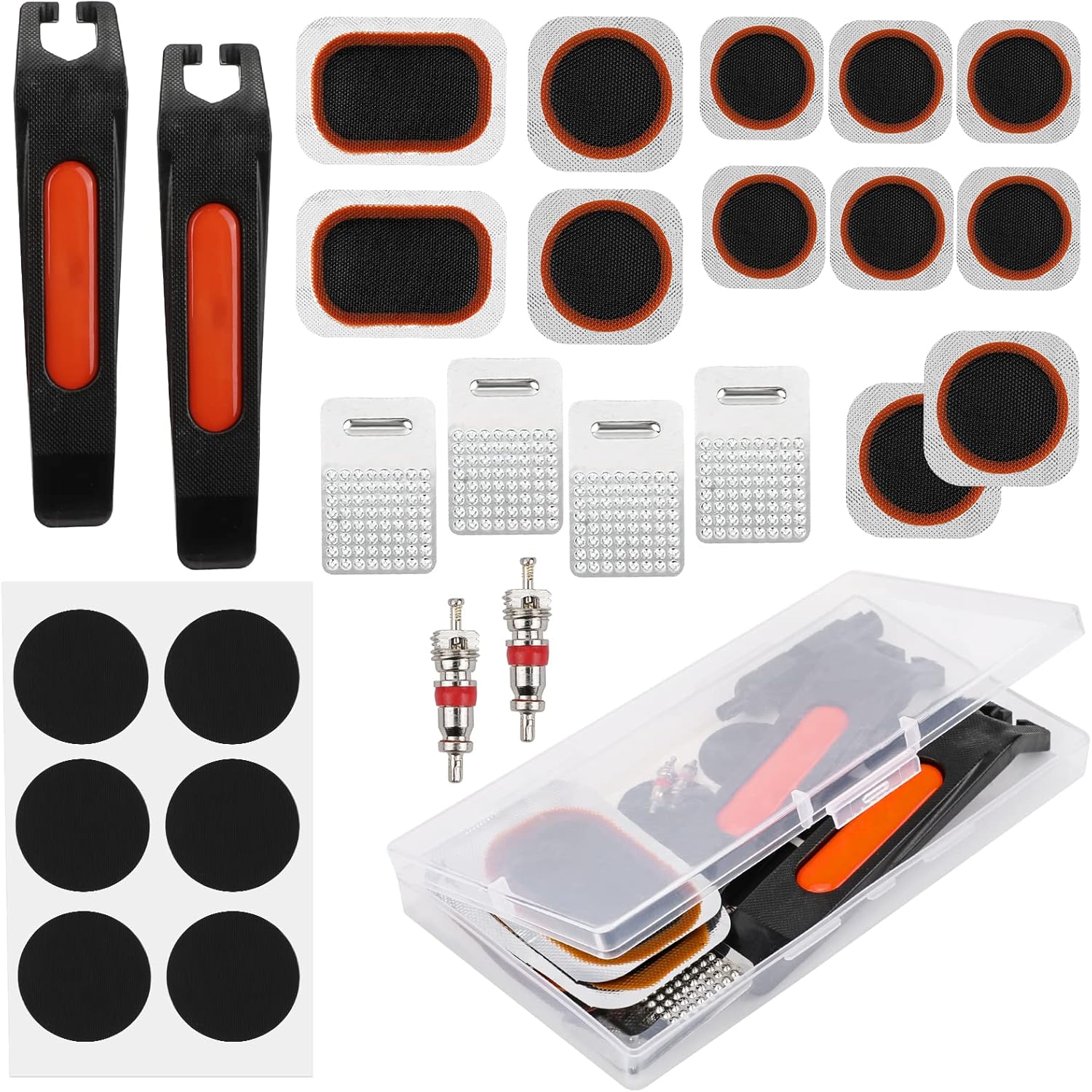 Oumers Bicycle 26-Piece Tire Repair Tools, Bike Tire Patch Repair Kit Tube Repair Kit with Vulcanizing Patches, Self-Adhesive Patchs, Schrader Valve Core, Metal Rasp, Lever, Storage Box(No Glue)