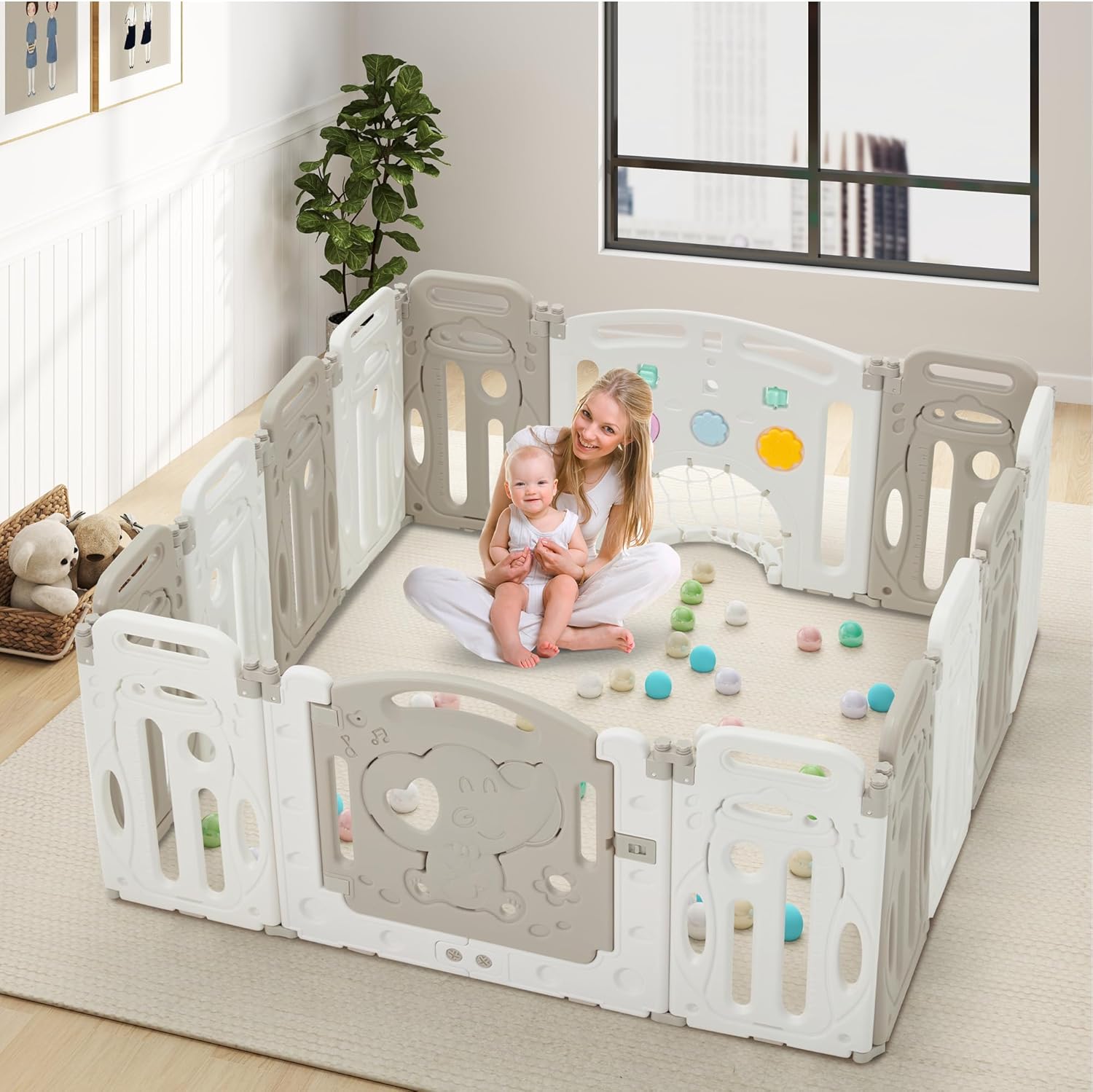 EROMMY Foldable Baby Playpen for Baby and Toddlers, Plastic Adjustable Shape Playpen with 14 Panels, Kids Play Fence with Lockable Door & Music Player & Soccer Goal & Spinning Gears (140x140cm)