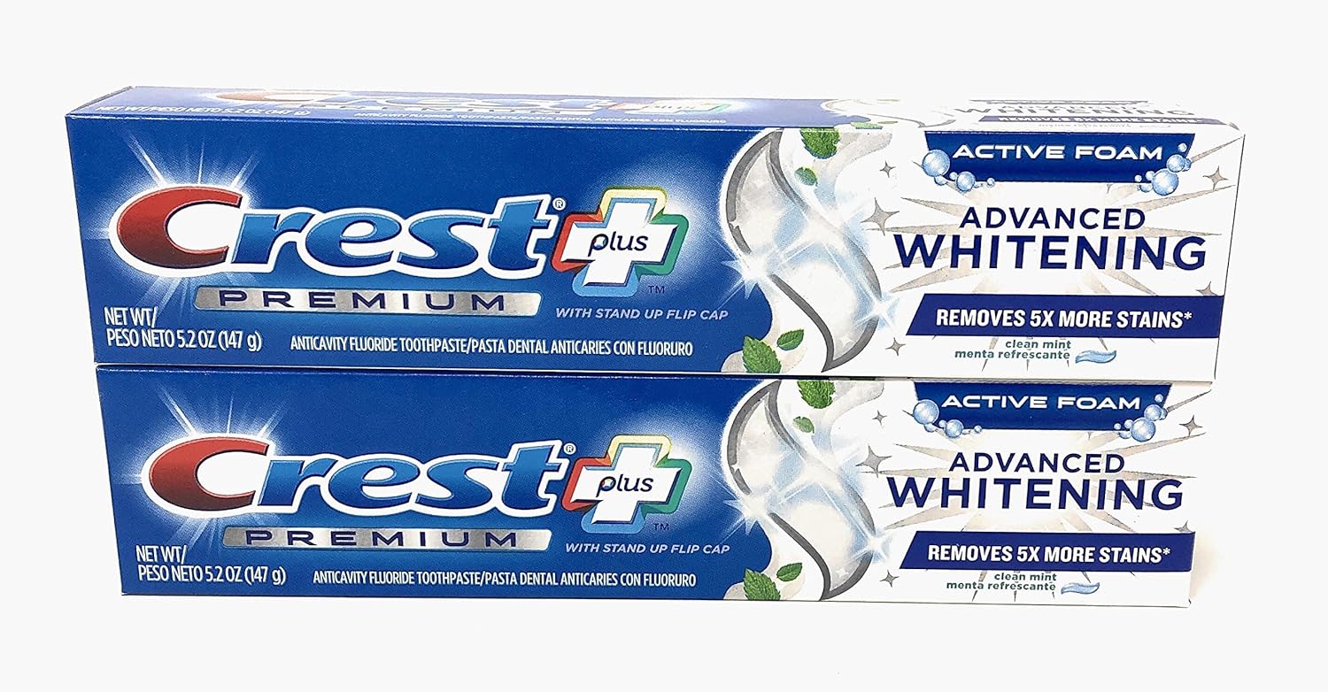 Crest Premium Plus Advanced Whitening Toothpaste with Fluoride, Clean Mint, 5.2 oz (Pack of 2)