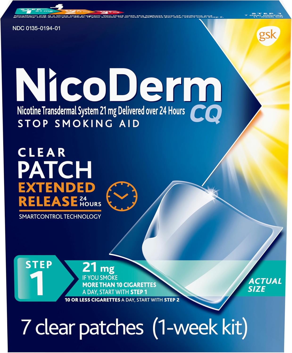 NicoDerm CQ Step 1 Nicotine Patches to Quit Smoking, 21mg, Stop Smoking Aid, 7 Count (1 Week Kit)