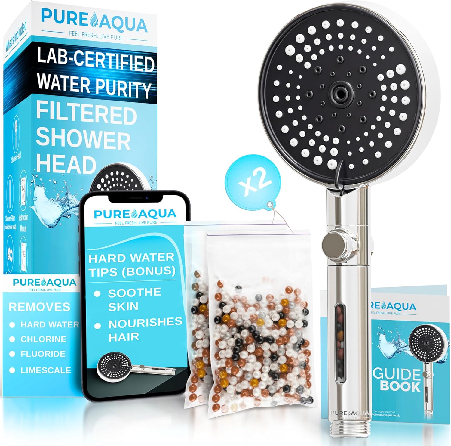 PUREAQUA 5 Stage Filtered Shower Head (X2 Power - Higher Filtration) | Shower Filter Hard Water UK (Soothe Skin & Hair) | 3 Lux Spray Settings | High Pressure Shower Heads | Water Softener Shower Head
