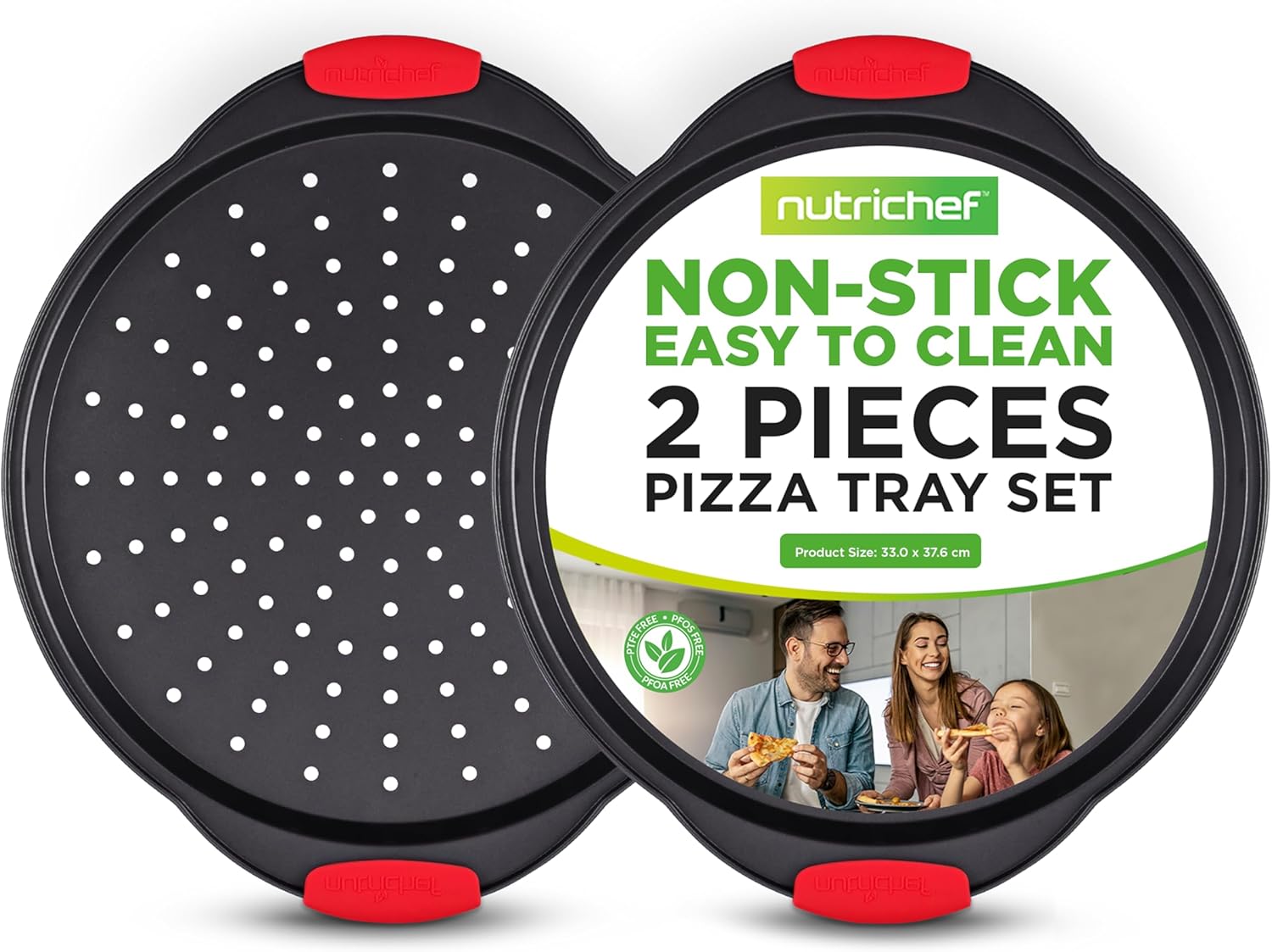 NutriChef 2-Pc. Non Stick Pizza Tray - with Silicone Handle, Round Steel Non-Stick Pan with Perforated Holes, Dishwasher Safe, Pizza Tray with Silicone and Oversized Handle, PFOA, PFOS, PTFE Free