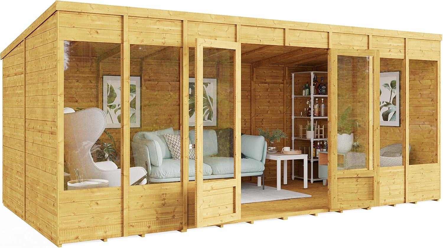 BillyOh Bella 16 x 8 Summer House Shed, Modern Pent Roof Log Cabin | Spray Treated - Garden Room with Wide Double Doors, Tongue and Groove Construction | Versatile Tiny Home or Garden Office
