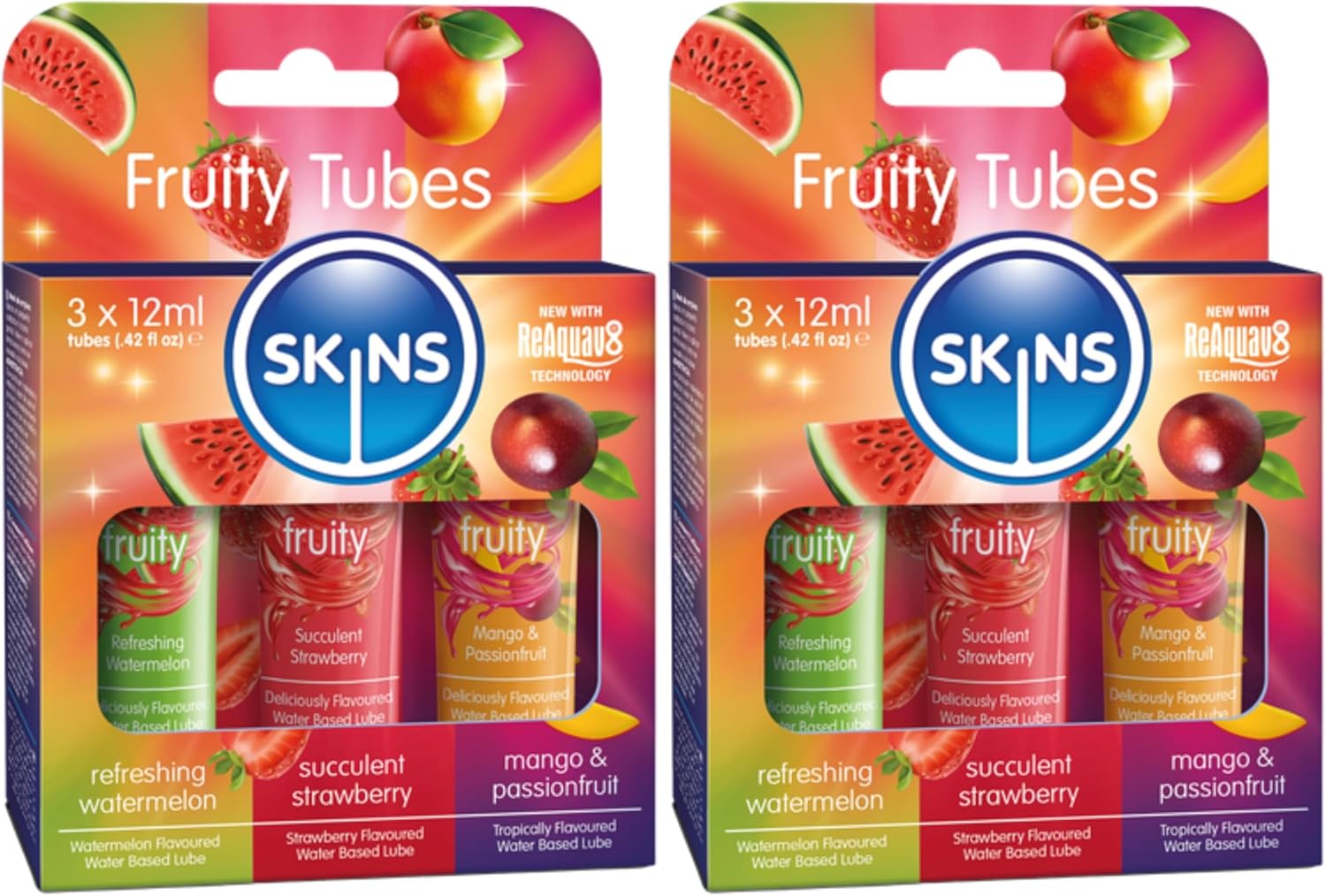 SKINS Flavored Lube Set - 3 Flavored Water Based Lubes - Fruity Edible Lubricant & Licks - Watermelon, Strawberry and Mango & Passionfruit Flavored Lube for Oral Pleasure & Intercourse (Pack of 2)