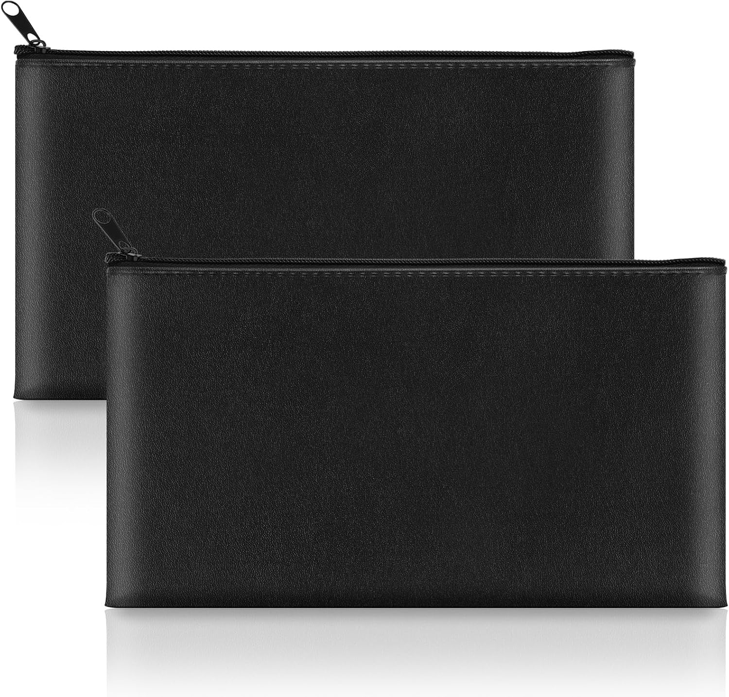 2 Pack Money Bags with Zipper, 11x6.1 Inch PU Leather Cash Pouch, Secure Bank Bag for Coins, Bills, Checks, Invoices, Cosmetics, Tools (Black)