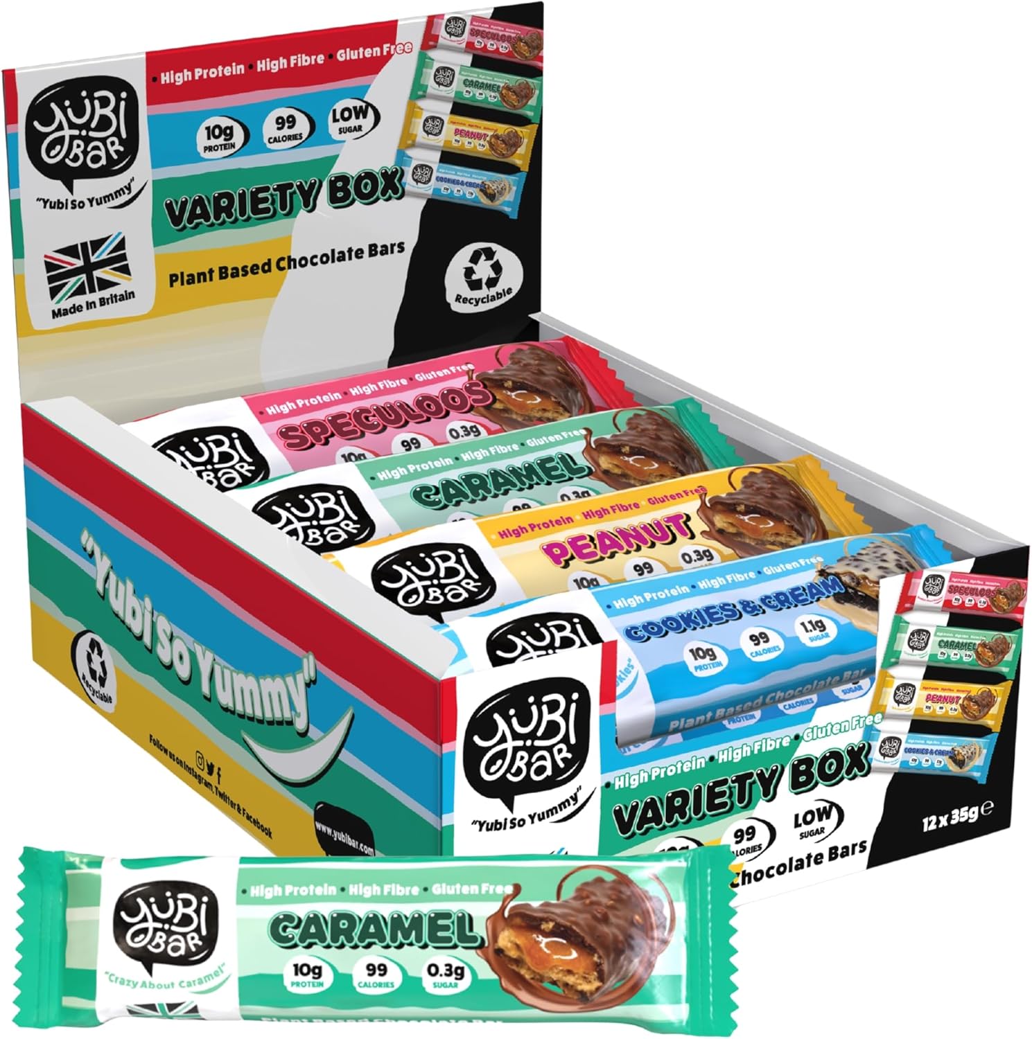 Yubi Variety Box 12 Pack - Protein Bars - 99 Calories, High Protein, High Fibre, Low Sugar, Gluten Free and Dairy Free - Healthy Snacks/Nutrition Bar - Chocolate Bars - 420g
