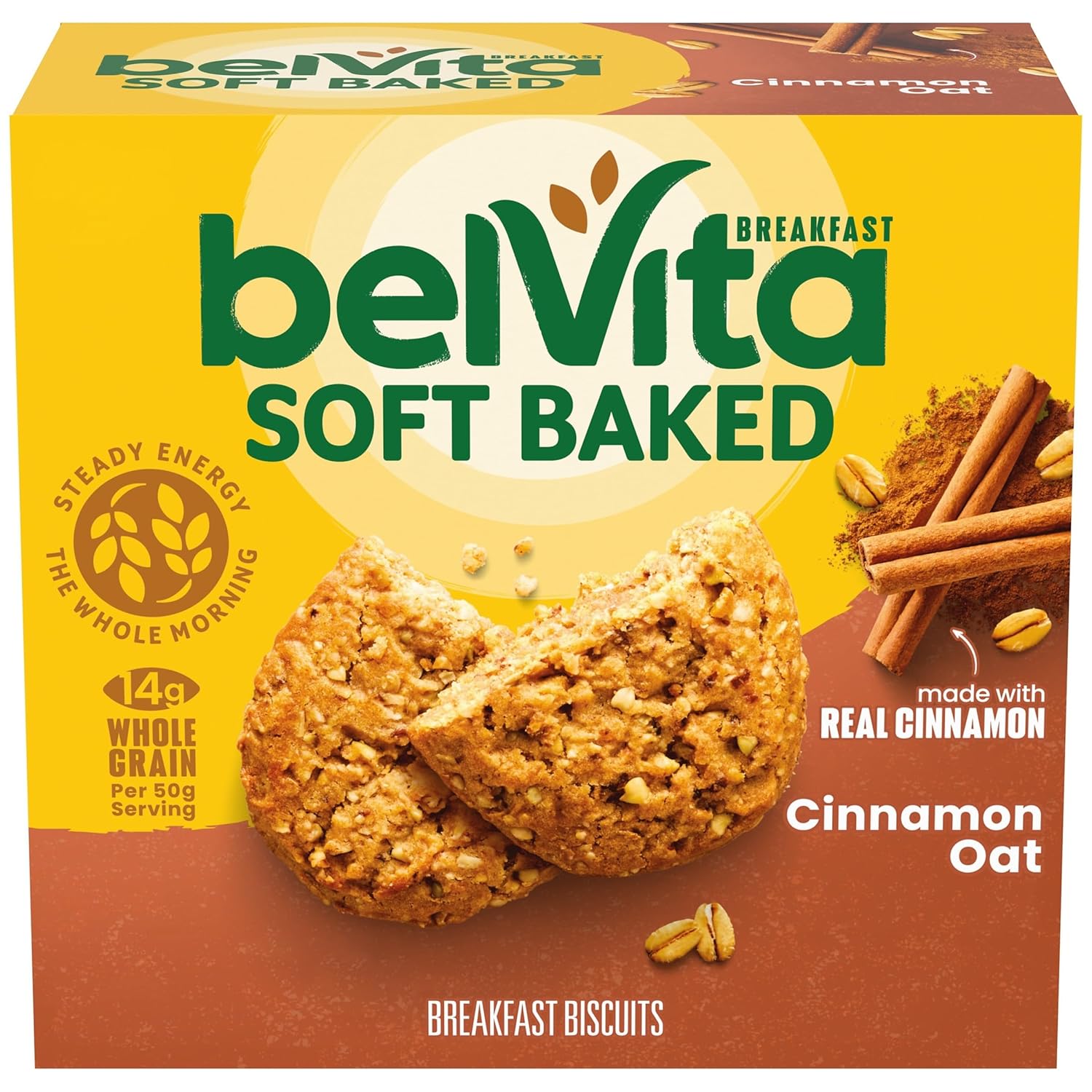 belVita Soft Baked Cinnamon Oat Breakfast Biscuits, Chewy Breakfast Bars, 5 Packs (1 Biscuit Per Pack)